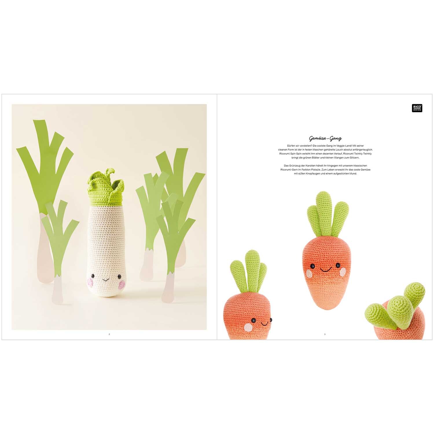 Ricorumi Fresh Friends deutsch: Niedliche gehäkelte Gemüsefiguren, darunter Karotten und Lauch, von Rico Design. Perfekt für kreative Handarbeitsprojekte.