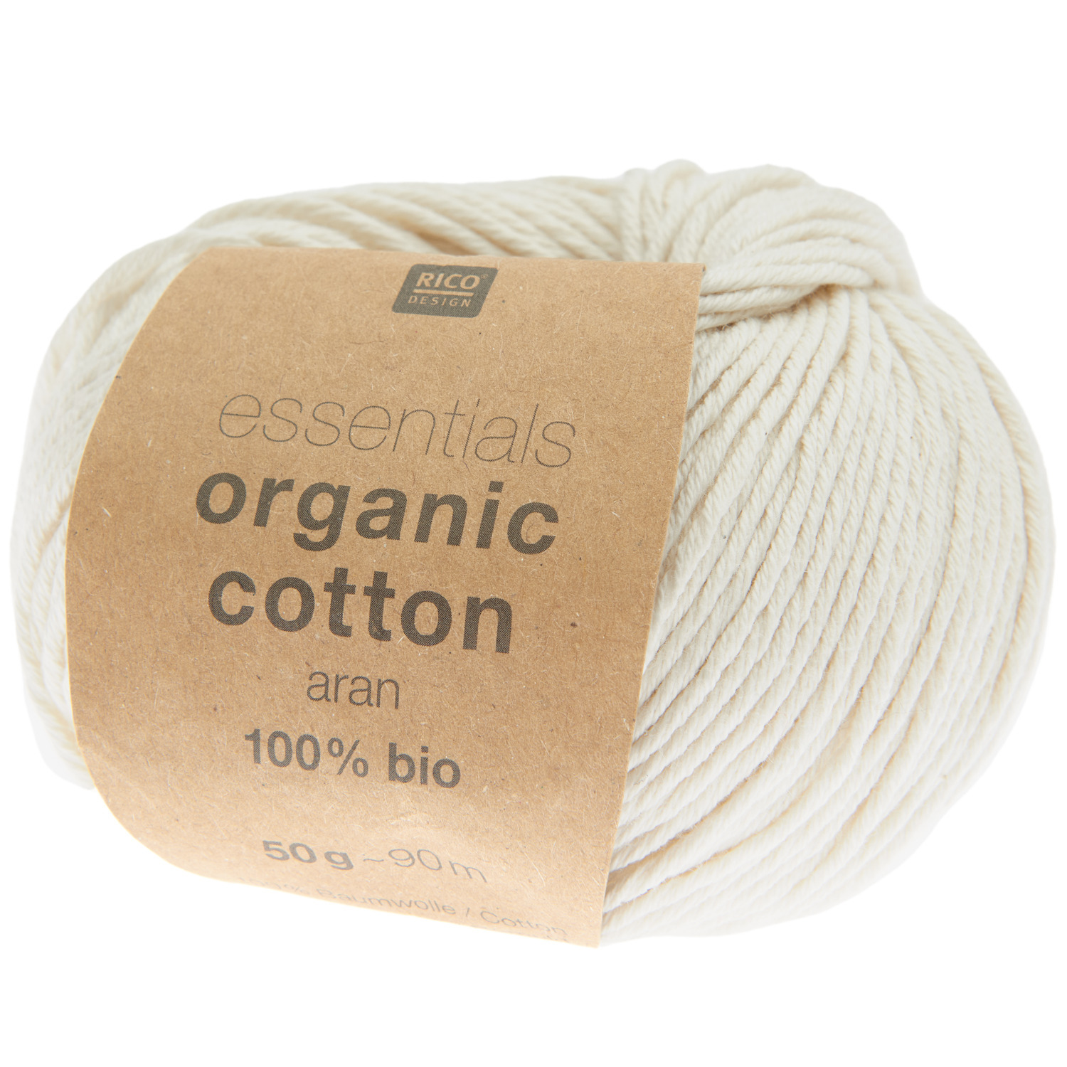 Essentials Organic Cotton aran, cremefarbenes Garn von Rico Design, 50g 90m, ideal für Häkelprojekte.