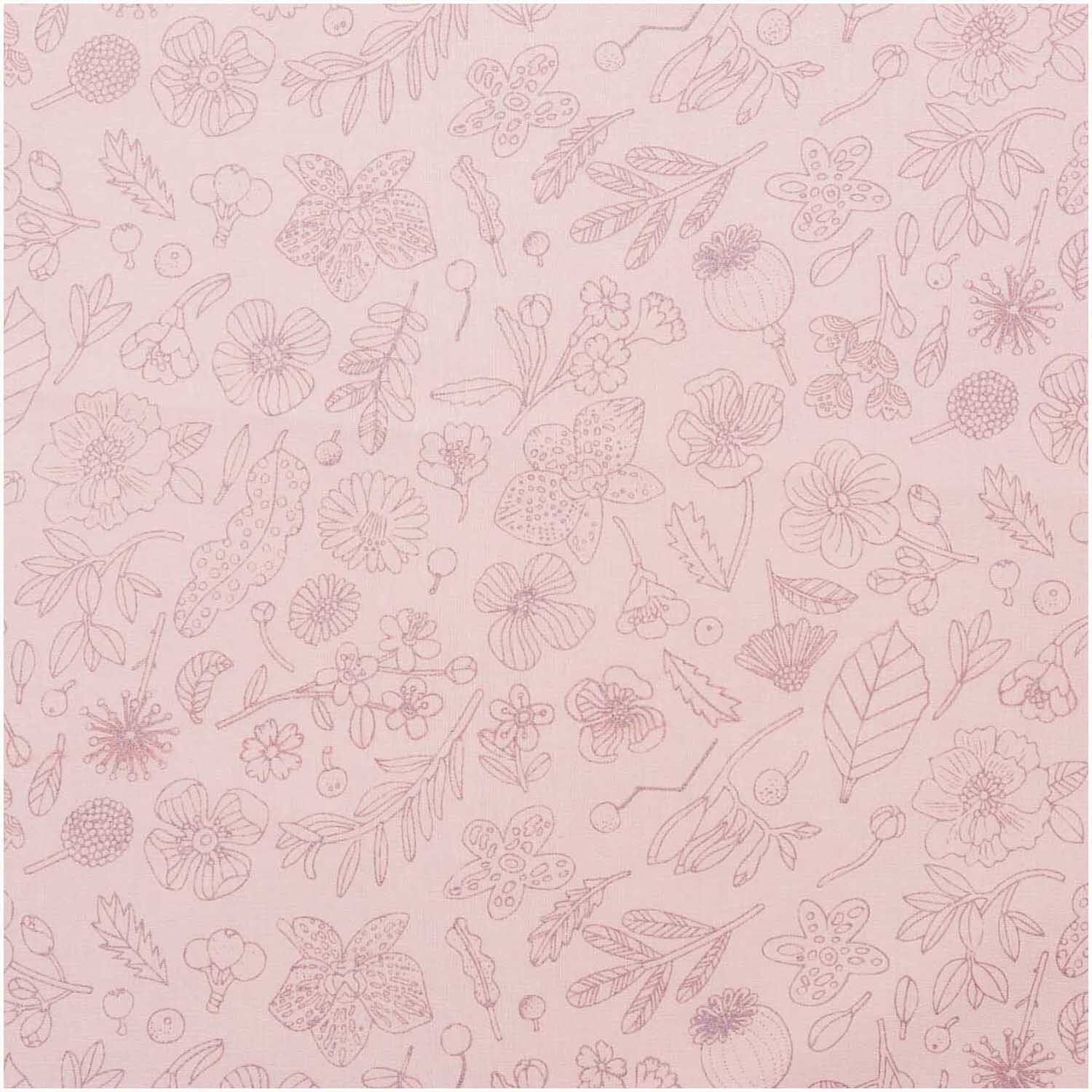 Druckstoff Hygge Blumen mit floralen Mustern in Rosa-Metallic, ideal für kreative Nähprojekte.