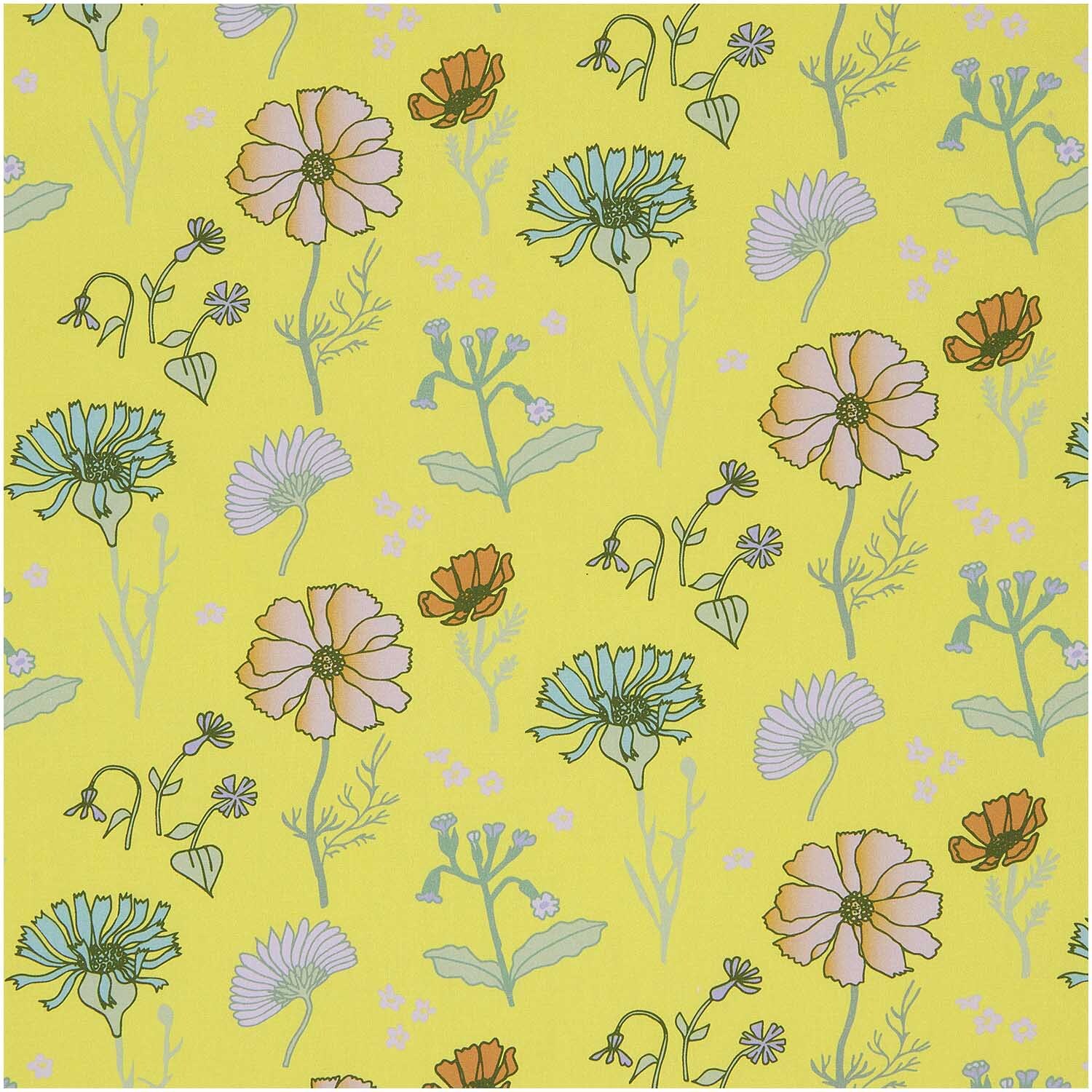 Meterware Baumwoll-Popelin Blumen Gelb mit floralen Mustern auf gelbem Hintergrund von Rico Design. Ideal für kreative Nähprojekte.