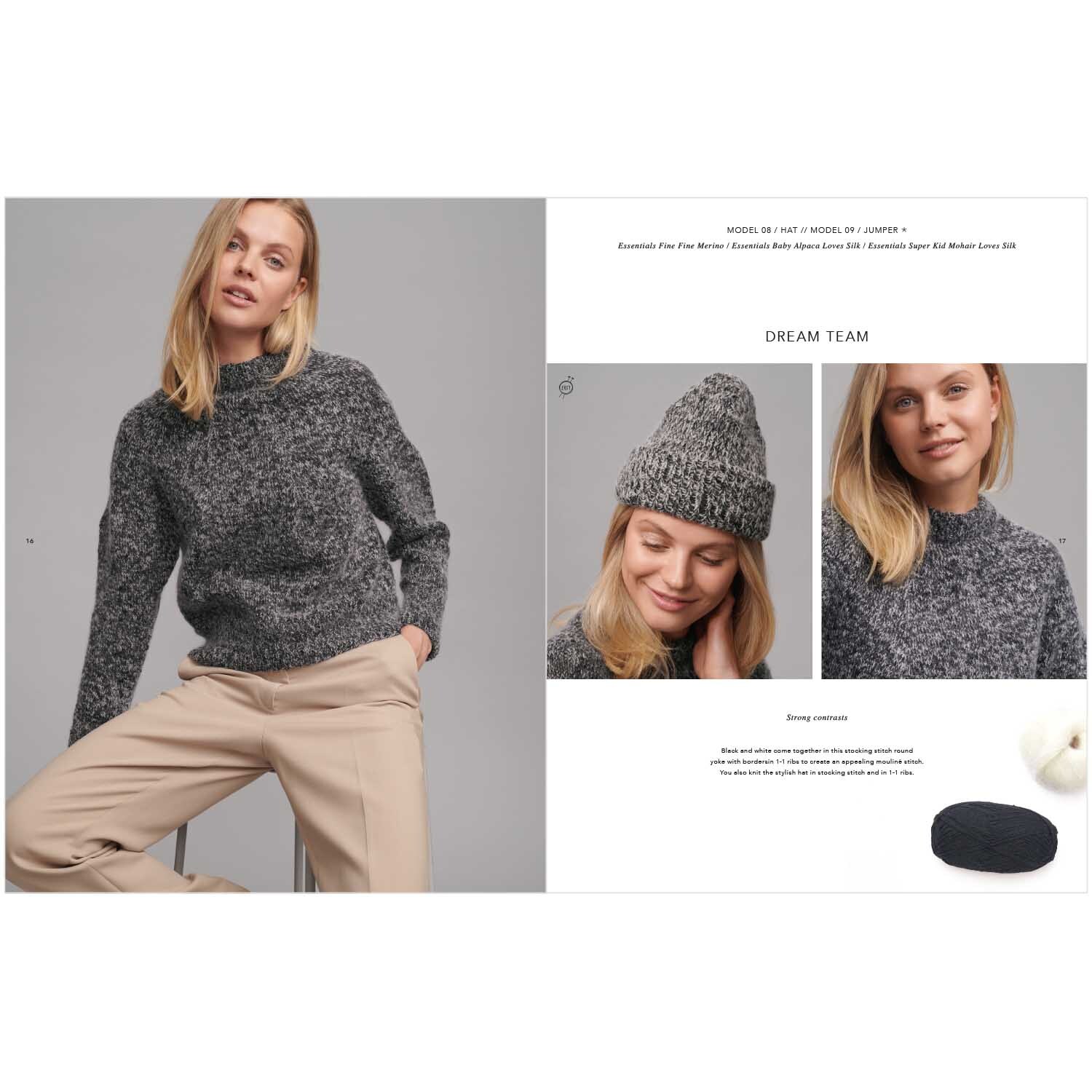 Top Down Knitting Special 2 englisch: Frau in grauem Strickpullover und beiger Hose, lächelnd, mit passender Mütze. Marke: Rico Design.