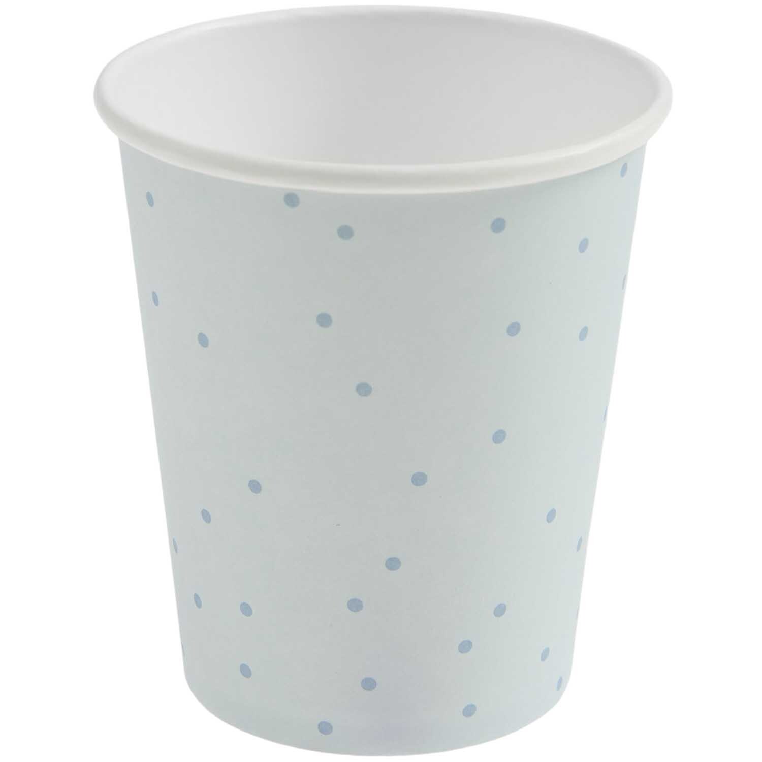 Pappbecher Punkte von Rico Design, 250ml, 8 Stück. Mintfarbener Becher mit blauen Punkten. Ideal für Partys.