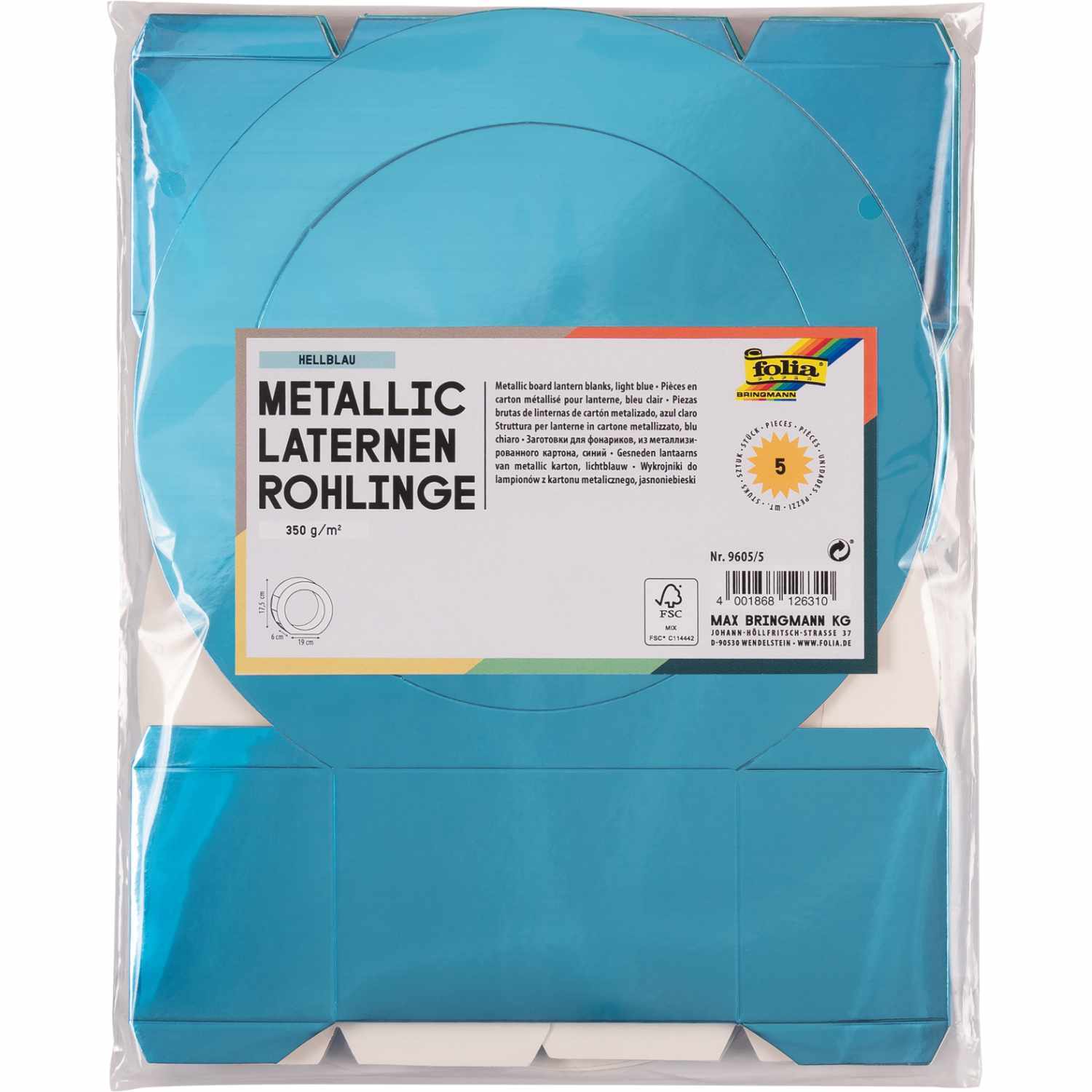 Laternenrohlinge Metallic-Karton 19cm, hellblau, 5 Stück, ideal für kreative Bastelprojekte.