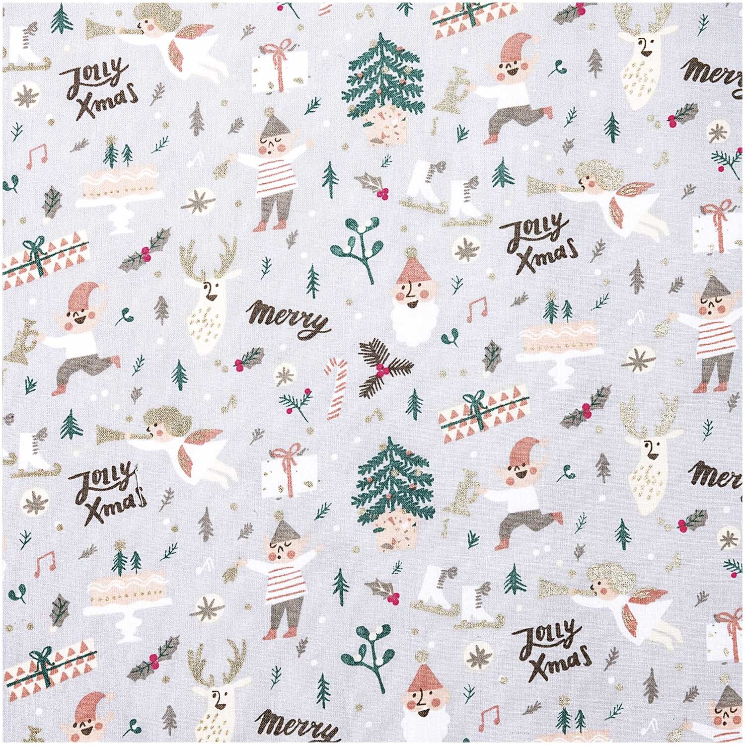 Druckstoff Elfen grau-gold-neon 140cm von Rico Design zeigt weihnachtliche Elfen, Rentiere und Geschenke auf hellem Hintergrund.