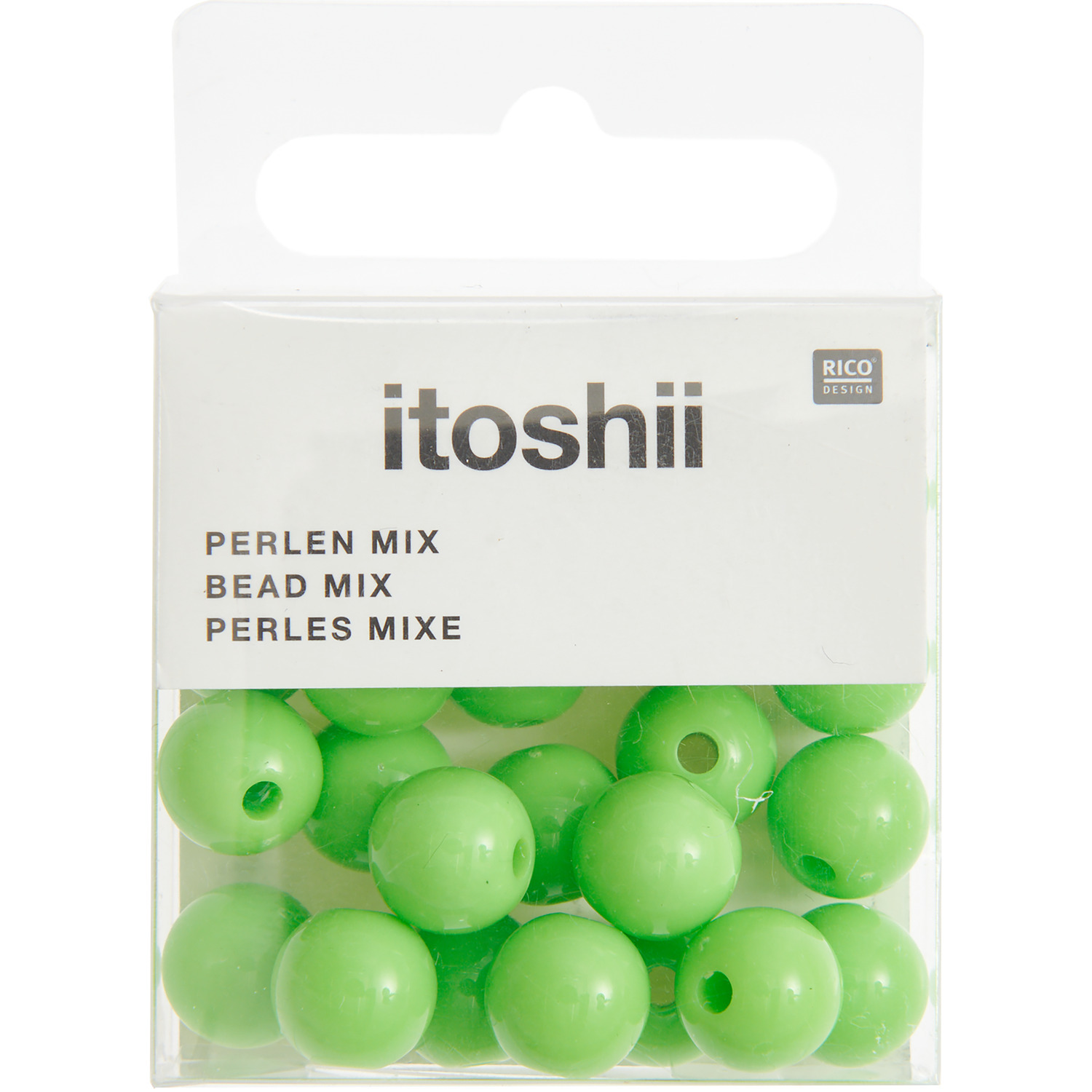 Itoshii Kunststoffperlen 10mm, 24 Stück in leuchtendem Grün, präsentiert in einer transparenten Verpackung. Ideal für kreative Bastelprojekte.