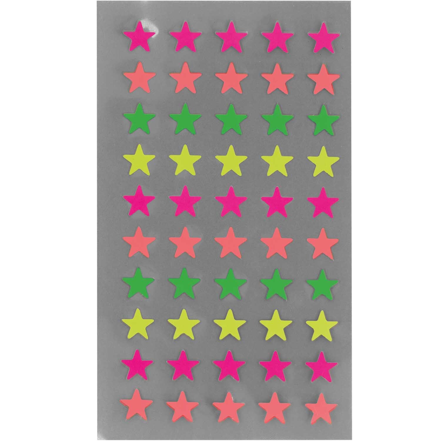 Paper Poetry Sticker Sterne neon 4 Blatt von Rico Design mit bunten Sternen in Neonfarben auf grauem Hintergrund.