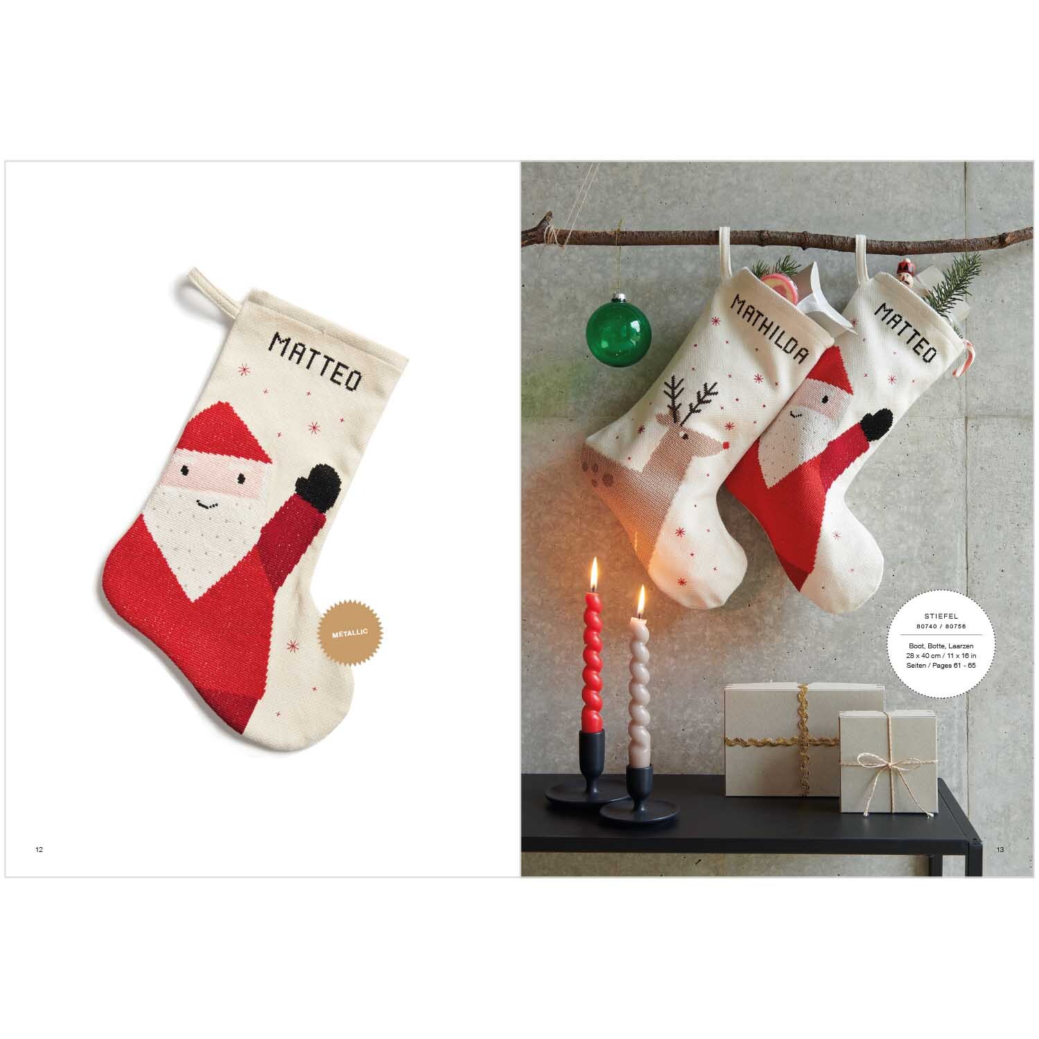 Stickbuch I love Christmas Nr. 180: Weihnachtssocken mit Santa-Motiv und Kerzen, dekorativ aufgehängt. Marke: Rico Design.