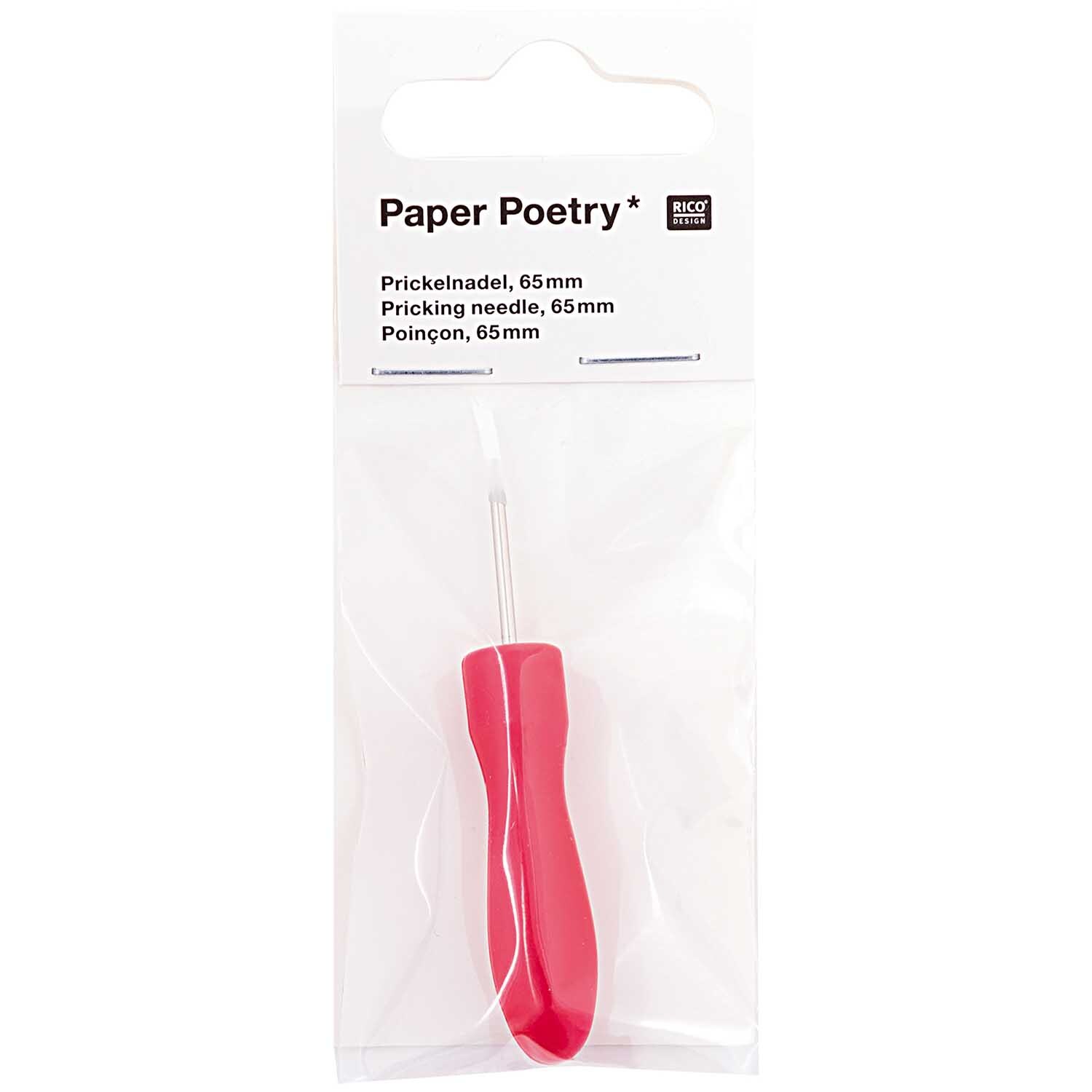 Paper Poetry Prickelnadel mit rotem Griff, 6,5 cm lang, von Rico Design in transparenter Verpackung.