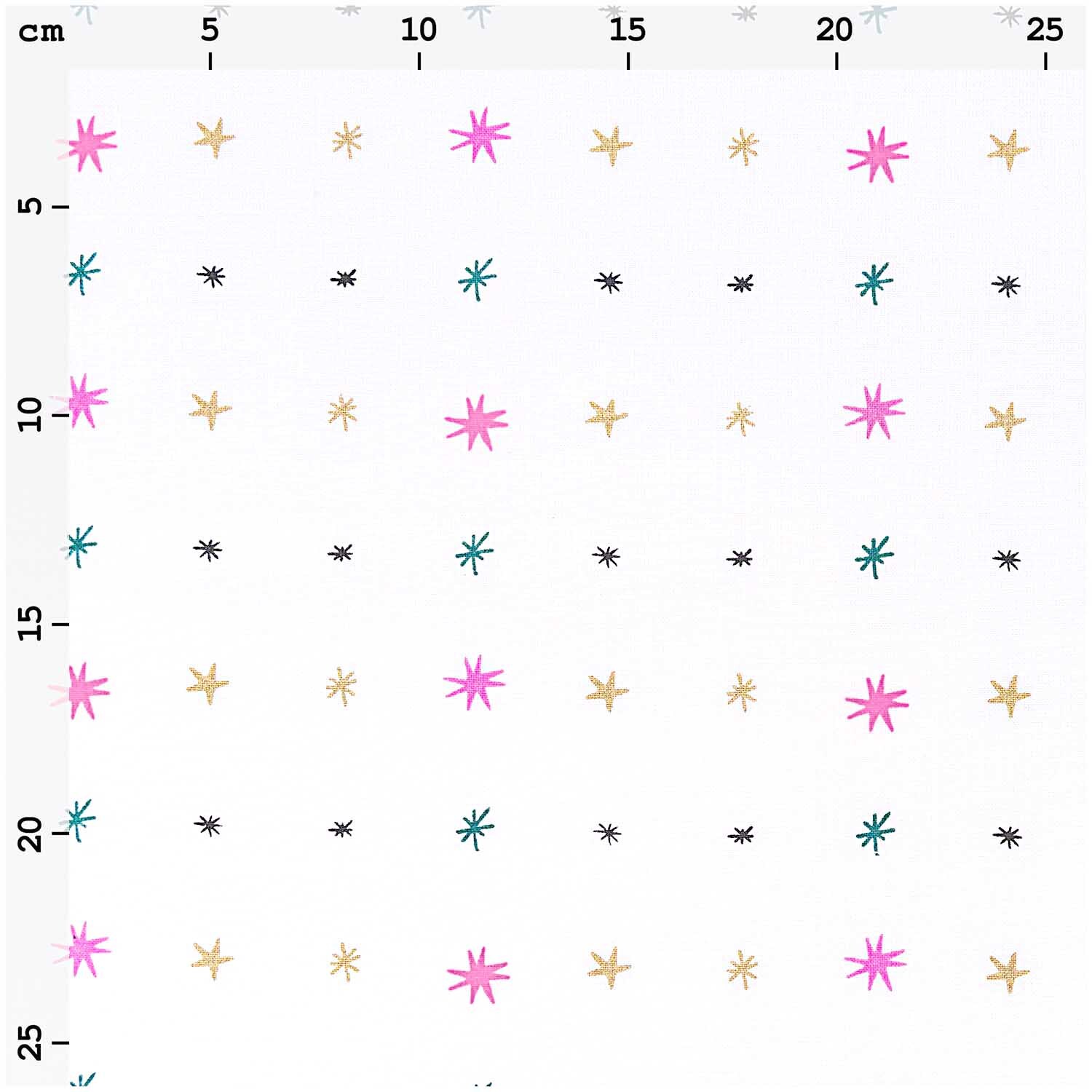 Stoff Sterne gold-neon 50x140cm von Rico Design mit bunten Sternen auf weißem Hintergrund.