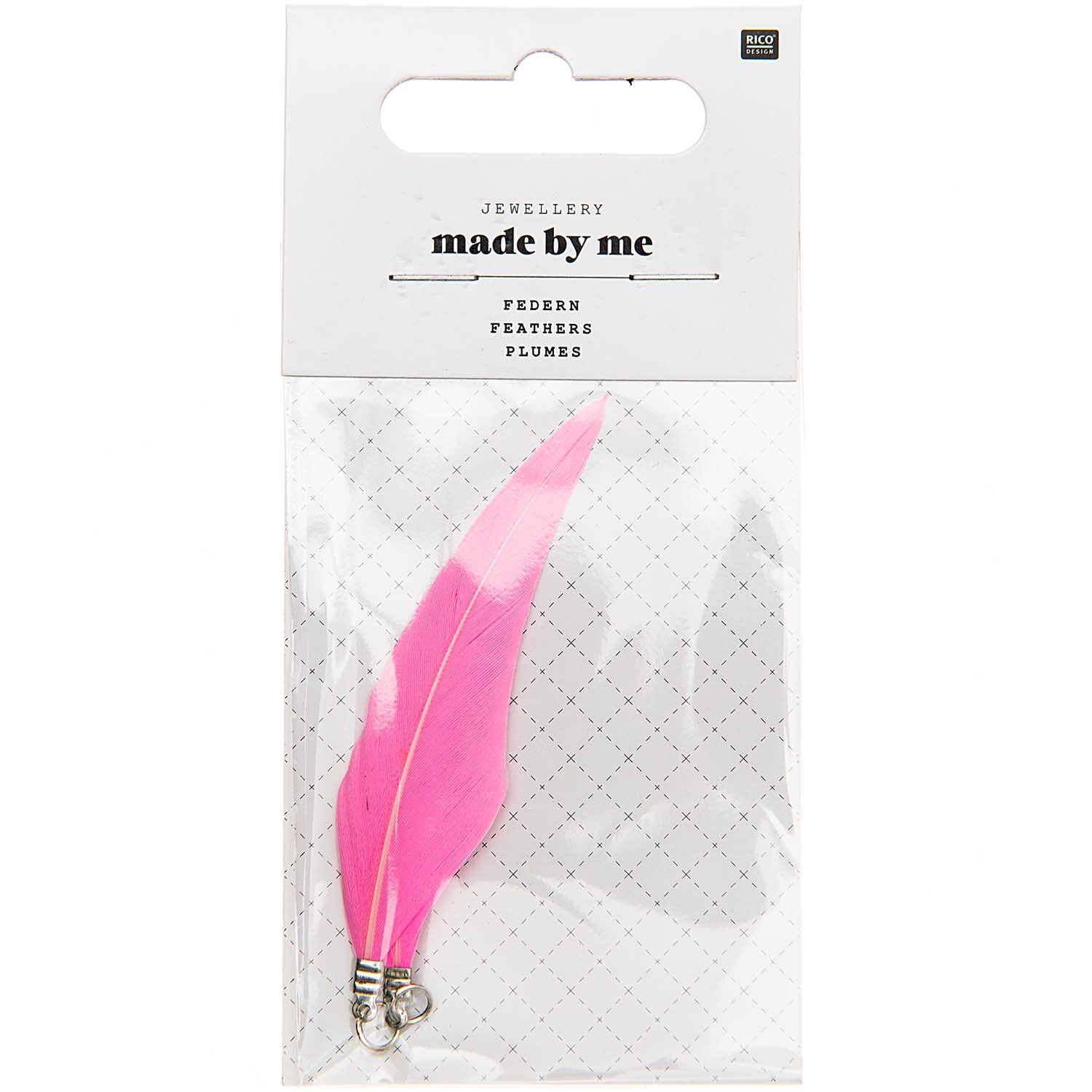 Federn mit Öse 2 Stück in leuchtendem Neon-Pink von Rico Design, ideal für Schmuckprojekte.