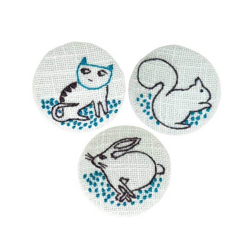 Stickpackung Knöpfe Katze-Eichhörnchen-Hase 4cm zeigt gestickte Tiermotive auf runden Knöpfen von Rico Design.
