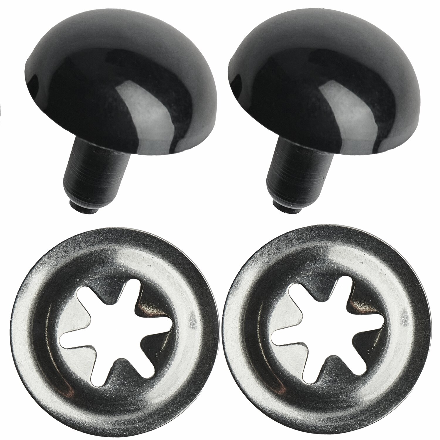 Sicherheitsaugen Schwarz, 2 Stück von Rico Design. Runde, glänzende Augen mit Metallringen.