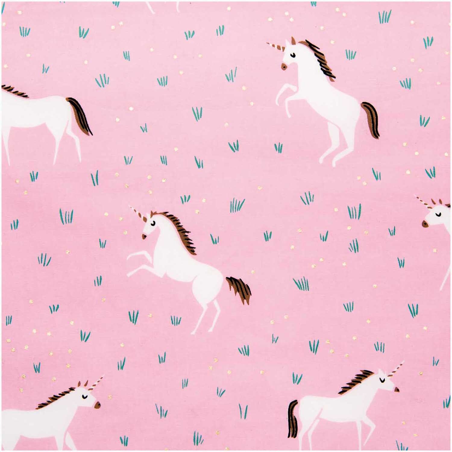Druckstoff Einhorn rosa 25x70cm beschichtet zeigt weiße Einhörner auf rosa Hintergrund, ideal für kreative Projekte. Marke: Rico Design.