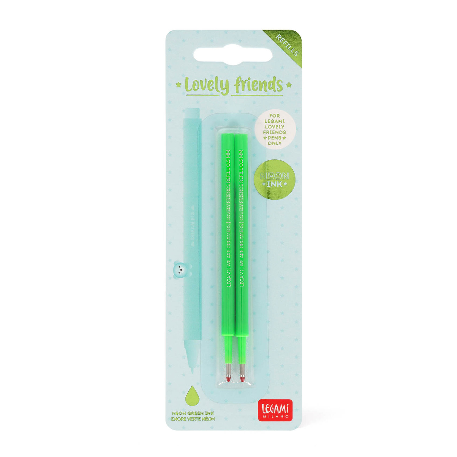 Ersatzminen für Lovely Friends Gelstifte 2 Stück Farbe Neon Grün von Legami 