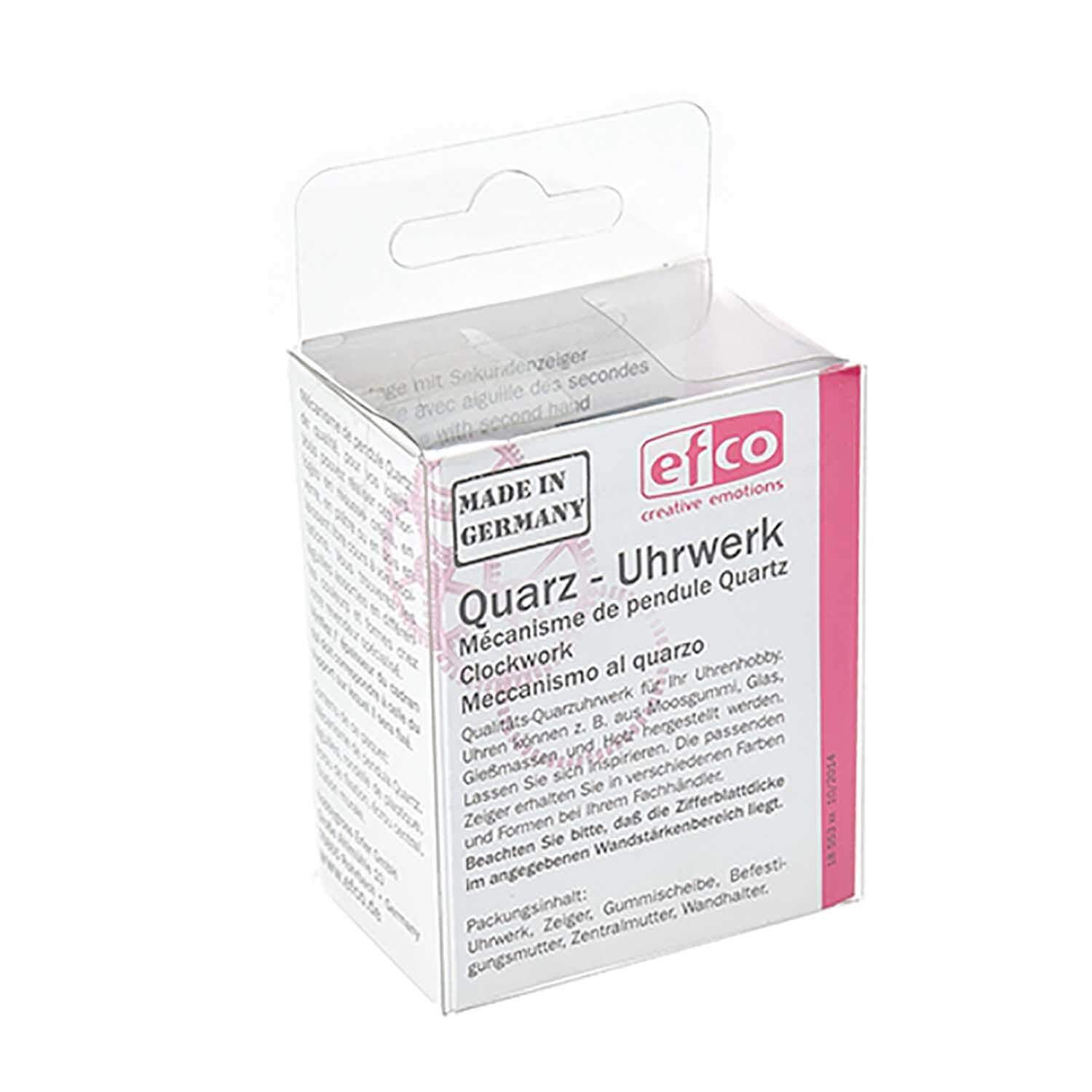 Quarzuhrwerk mit Zeiger 2,3-5,5mm in Verpackung von efco, Made in Germany, auf weißem Hintergrund.