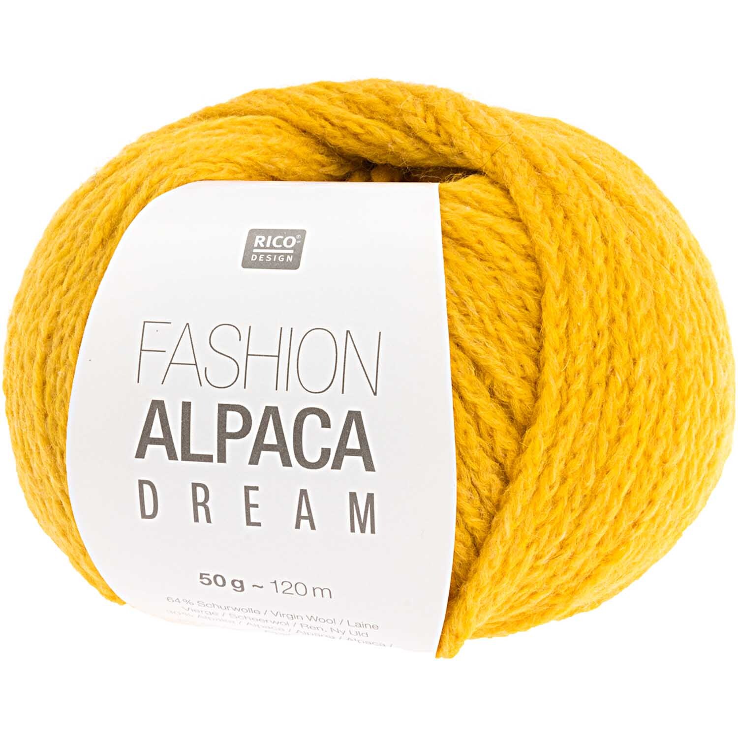 Fashion Alpaca Dream: Gelbes Garnknäuel von Rico Design, 50g, 115m, ideal für Strickprojekte.