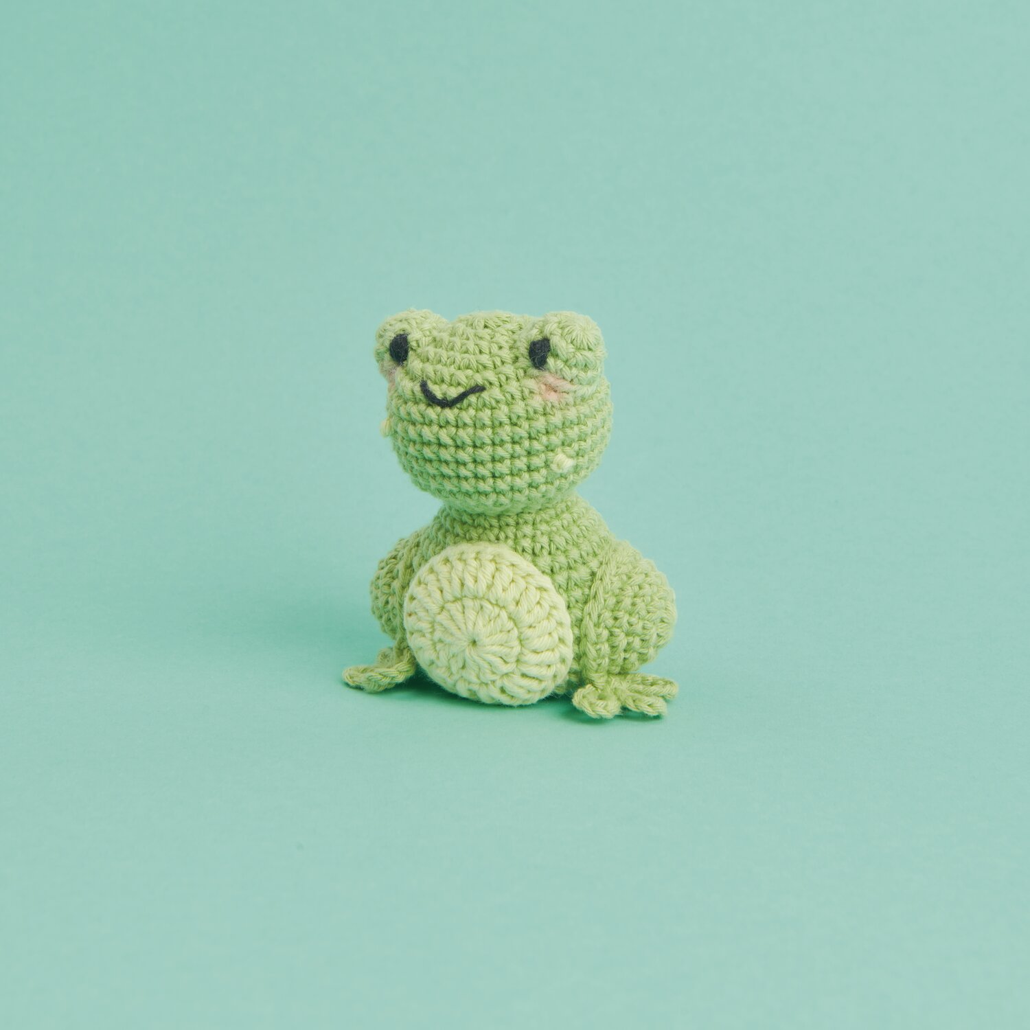 Ricorumi Mini Easy Häkelset - Frosch: Ein grüner, gehäkelter Frosch von Rico Design auf mintfarbenem Hintergrund.