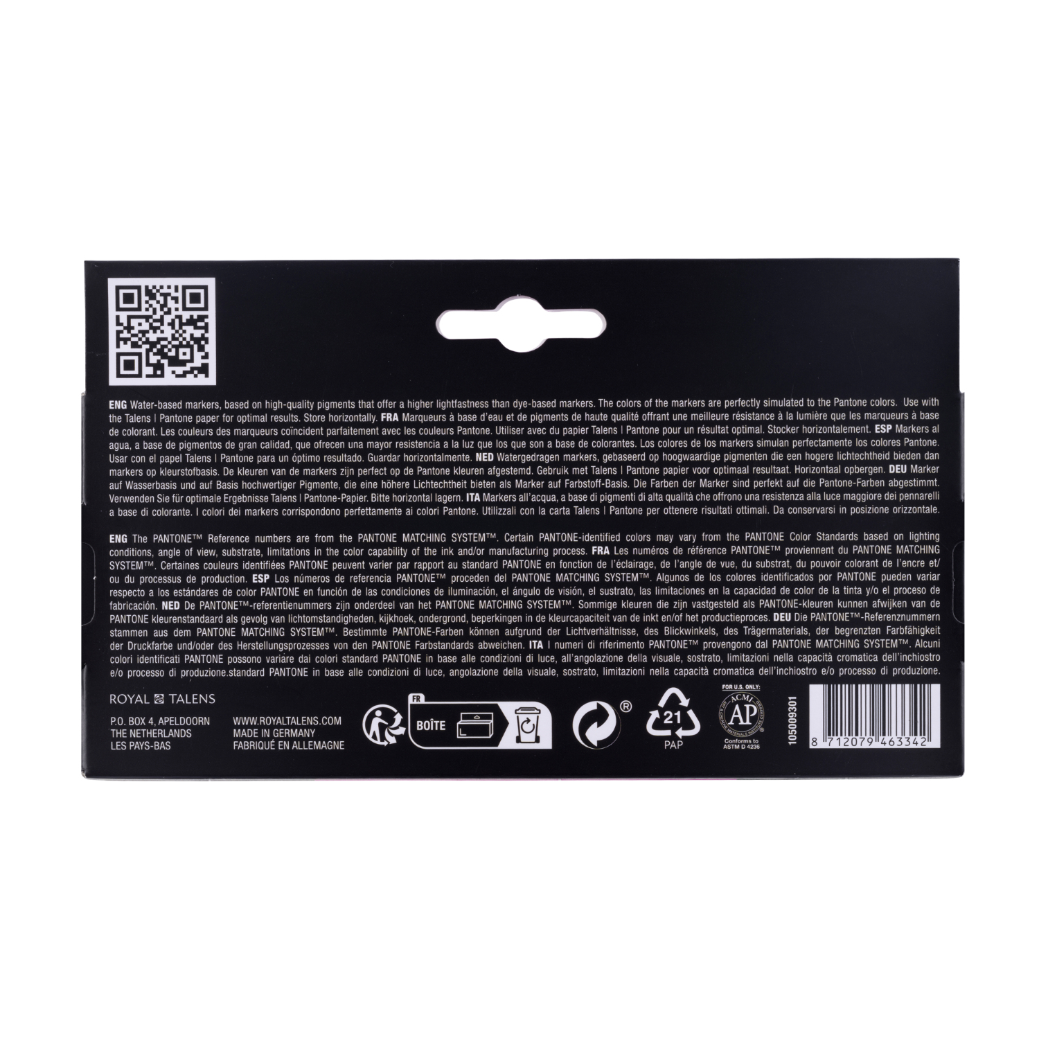 Talens | Pantone Marker Set primary, 3-teilig. Rückseite der Verpackung mit Text und QR-Code. Ideal für kreative Projekte.