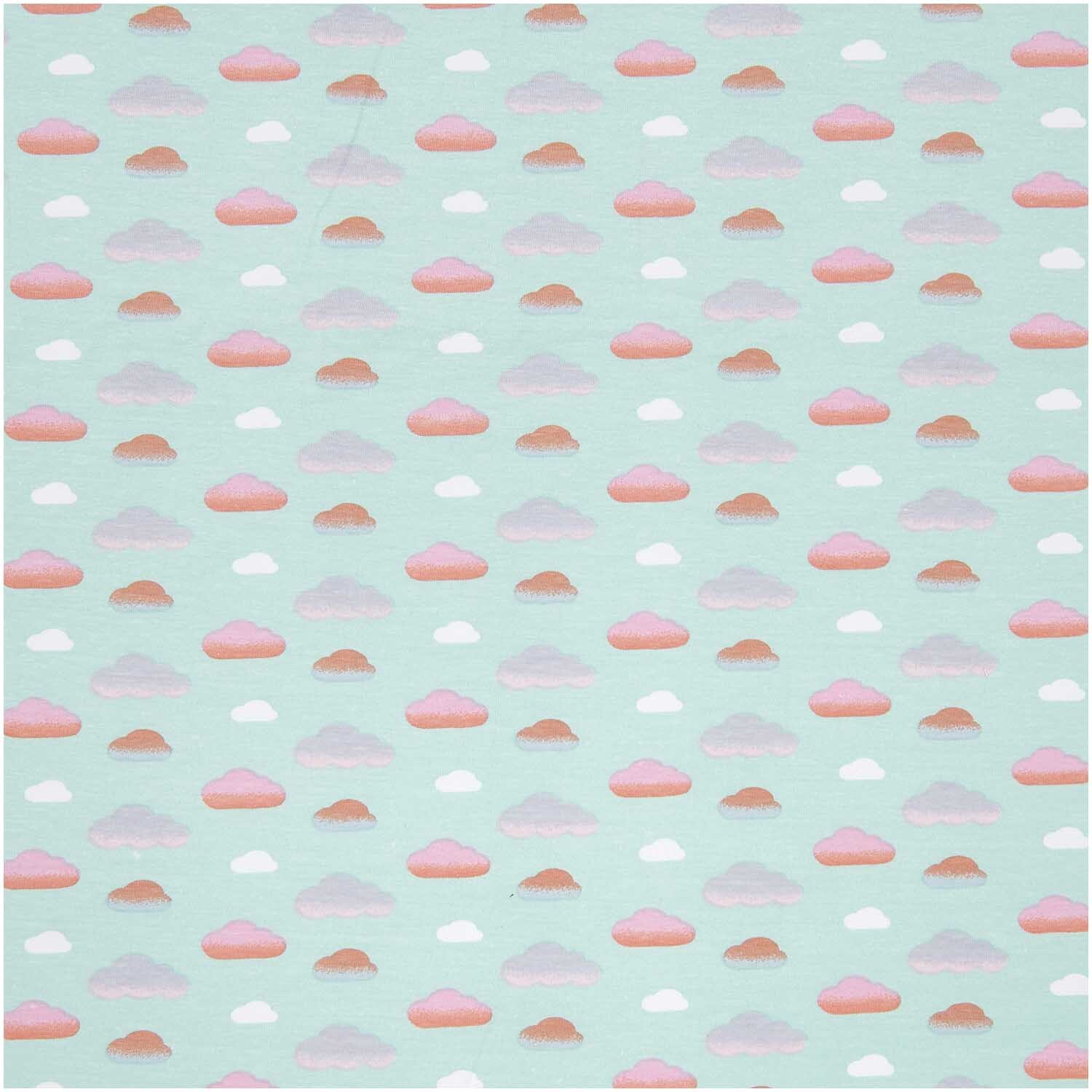 Jerseystoff Happy Baby Wolken in Mint mit rosa und weißen Wolkenmuster von Rico Design. Ideal für Kinderbekleidung.