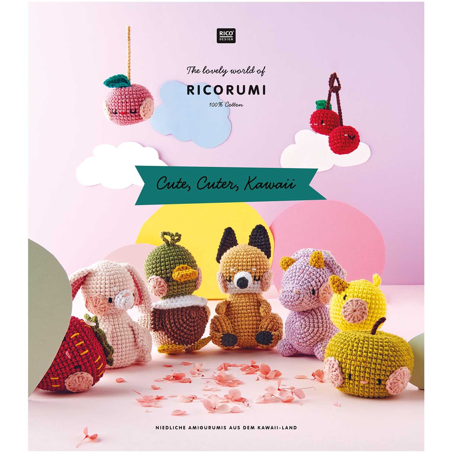 Ricorumi Cute, Cuter, Kawaii deutsch: Bunte Amigurumi-Tiere von Rico Design vor pastellfarbenem Hintergrund.