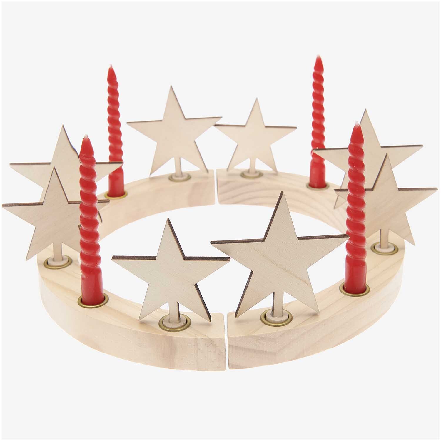 Adventskranzfiguren Stern 8 Stück aus Holz mit roten Kerzen, ideal für festliche Dekorationen.