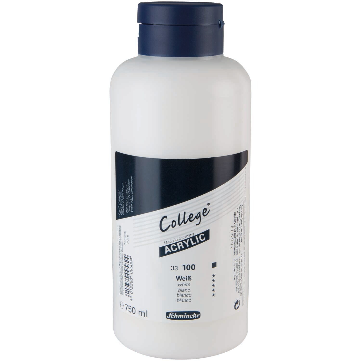 College Studienacrylfarbe 750ml in Weiß von Schmincke, abgebildet in einer großen Flasche mit blauem Deckel.