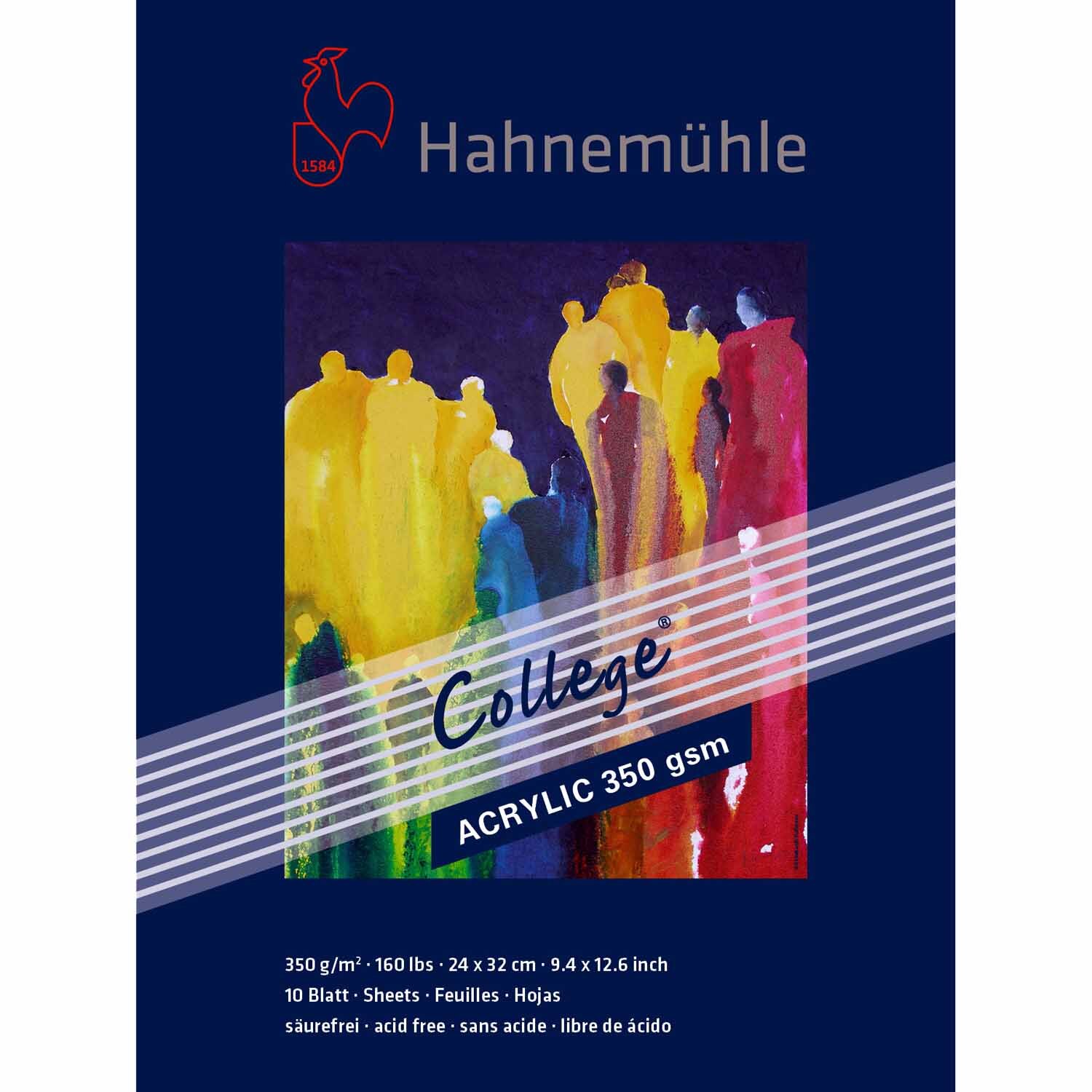 Acrylmalkarton College 24x32cm zeigt bunte Figuren auf weißem Hintergrund, Marke Hahnemühle.