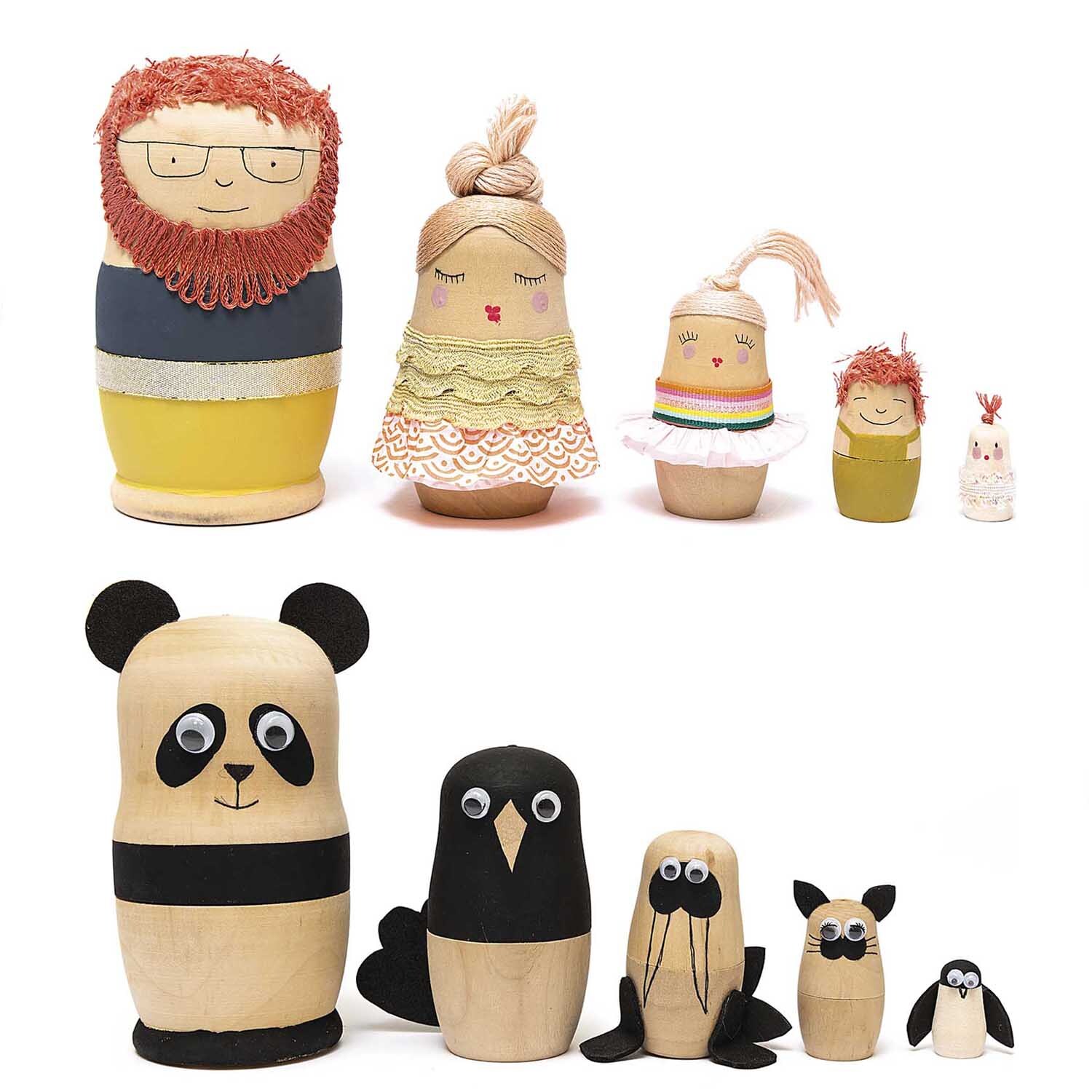 Matroschka Puppenrohlinge 5 Stück: Handbemalte Figuren in Braun von Rico Design, darunter Tiere und Menschen.
