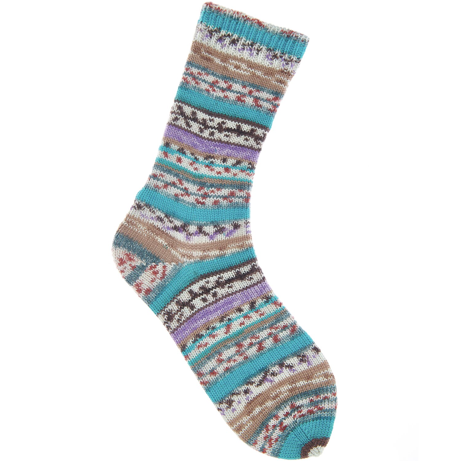 Superba Fair Isle 4-fädig: Bunte Socke mit türkis-braunen Mustern, gestrickt aus Rico Design Wolle.