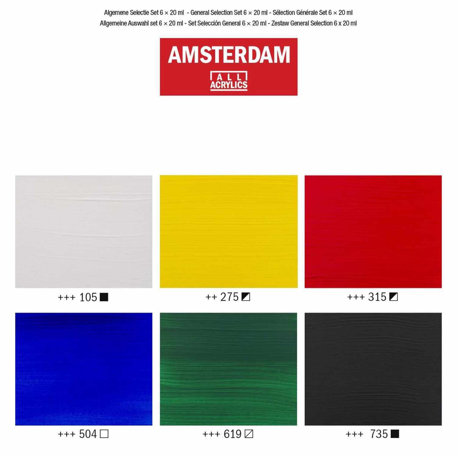 Acrylfarbe Set 6x20ml mit sechs leuchtenden Farben von AMSTERDAM, ideal für kreative Projekte.