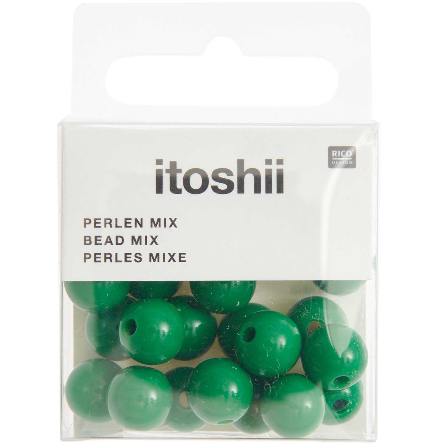 Itoshii Kunststoffperlen 10mm, 24 Stück in einer Packung. Dunkelgrüne Perlen von Rico Design.