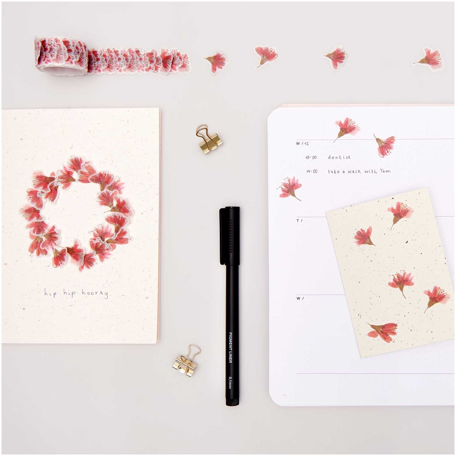 Paper Poetry Pigment Liner schwarz 4 Stifte neben Notizbuch mit floralen Motiven und Büroklammern.