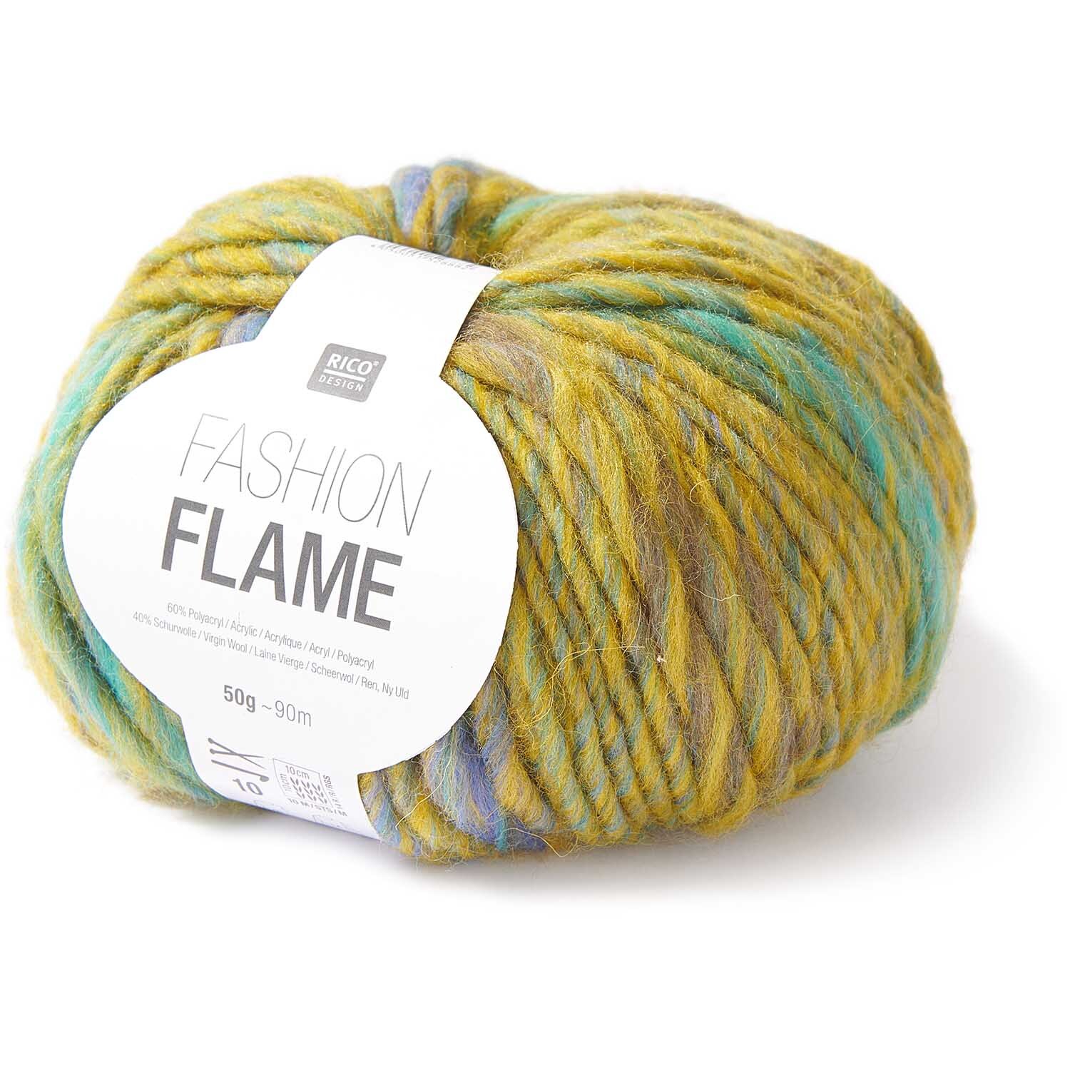 Fashion Flame: Weiches Garn in Gelb und Türkis von Rico Design, 50g Knäuel mit 90m Länge.