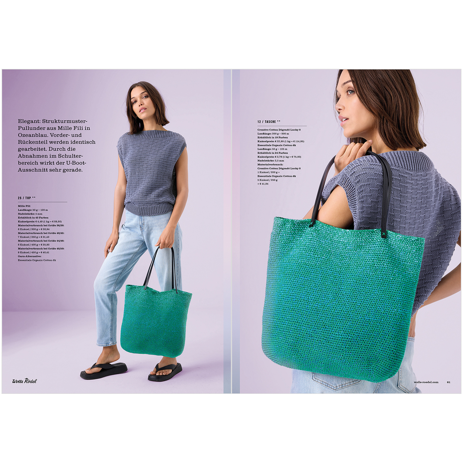 Die Neue Masche No. 6 Frühjahr-Sommer: Frau trägt türkisfarbene Tasche von Wolle Rödel, kombiniert mit blauem Oberteil und Jeans.