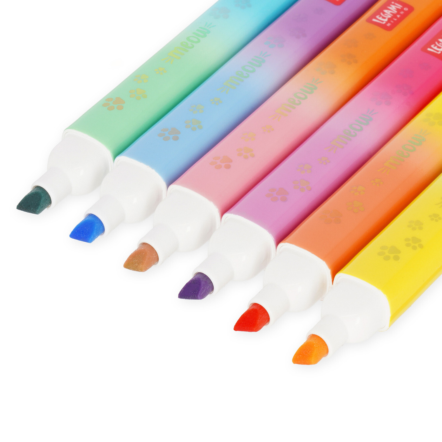 Highlighter Meow, 6-teilig: Bunte Legami Textmarker in Regenbogenfarben, ideal für kreative Markierungen.