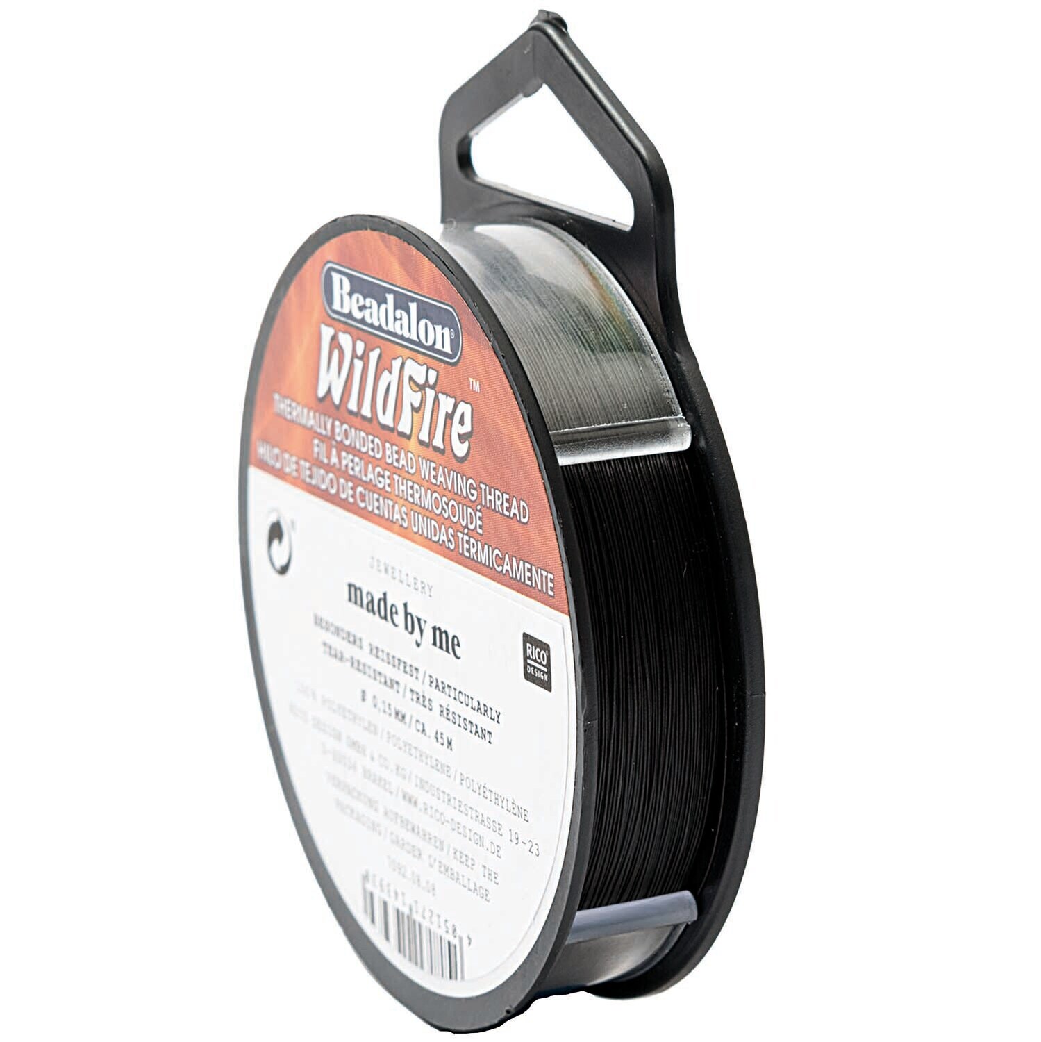 Wildfire Garn schwarz 0,15mm 45m: Schwarzes Garn von Rico Design auf einer Spule, ideal zum Perlenweben.