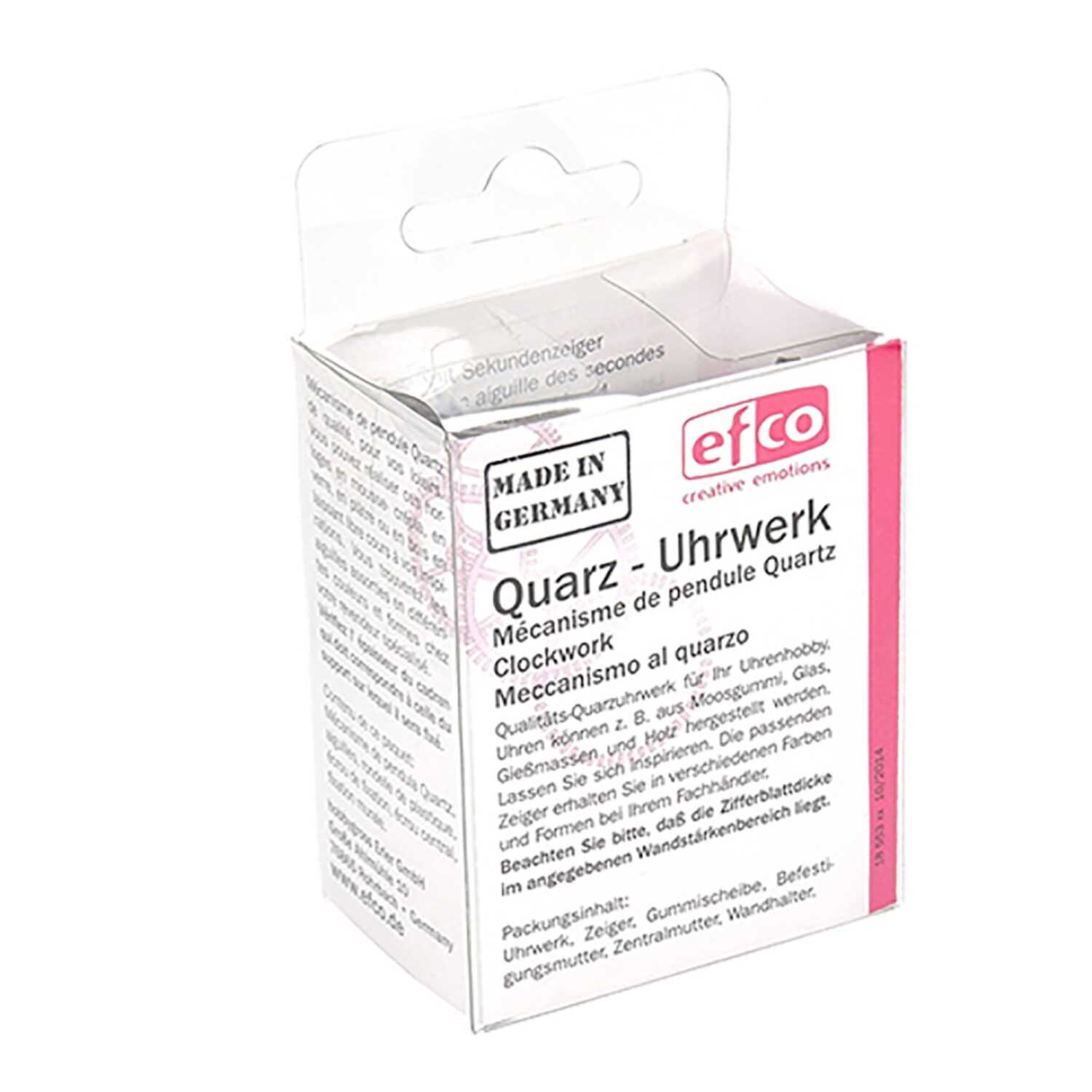 Quarzuhrwerk mit Zeiger 5-7,4mm in einer transparenten Verpackung von efco, Made in Germany.