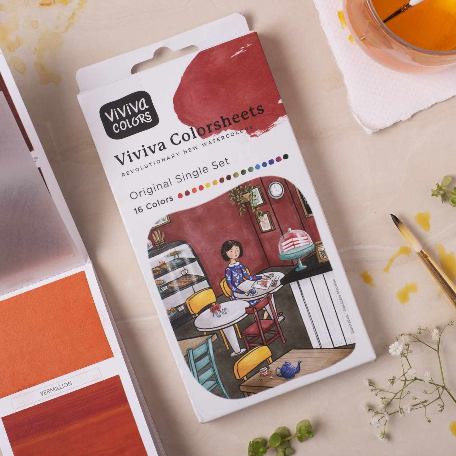 Viviva Colorsheets Original: Aquarellfarben-Set mit 16 Farben, ideal für kreative Projekte. Verpackung zeigt eine Illustration eines Künstlers im Studio.