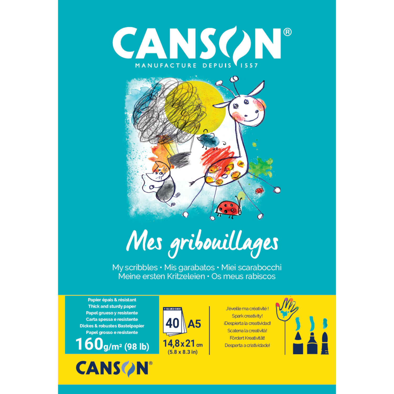 Kids Erste Kritzeleien Block DIN A5 40 Blatt von Canson mit Tierillustration auf türkis-gelbem Blockcover, 160 g/m² Papier für erste Zeichenübungen