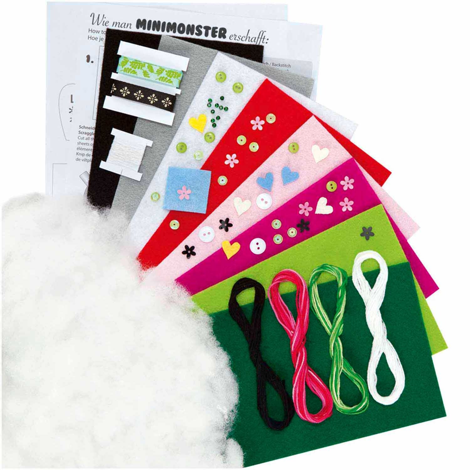 Bastelset Mini Monster für 8 Monster: Enthält bunte Filzstücke, Fäden und Dekorationen zum kreativen Gestalten. Ideal für Kinderprojekte.
