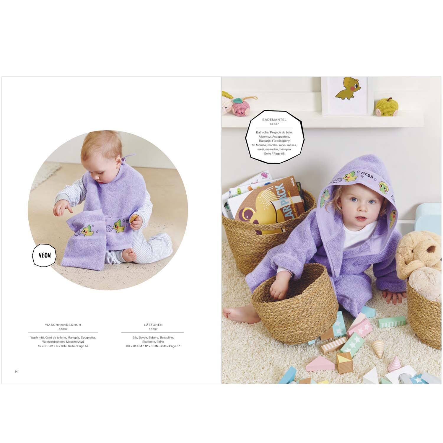Stickbuch Cute, Cuter, Kawaii Nr. 175: Ein Baby in einem lila Outfit von Rico Design spielt mit Körben und Spielzeug.