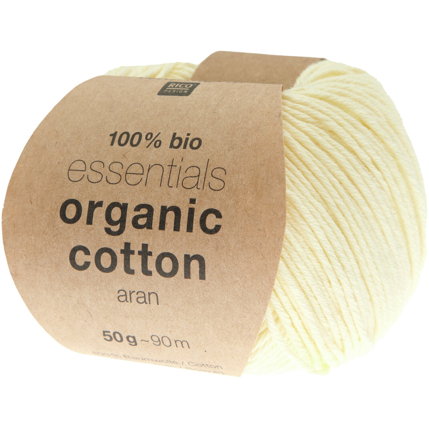 Essentials Organic Cotton aran, 50g 90m, in Vanille, von Rico Design. Weiches, biologisches Garnknäuel.