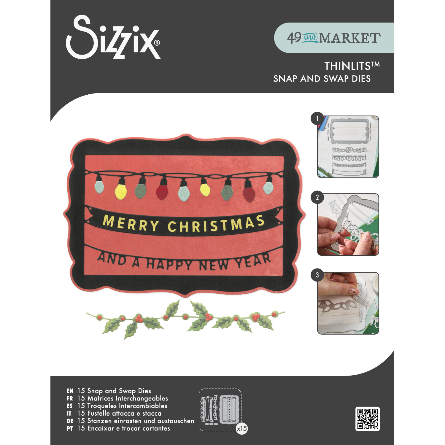 Thinlits Die Set Snap and Swap Merry Christmas, 15-teilig, von Sizzix. Kreatives Bastelset mit festlichem Design und austauschbaren Elementen.