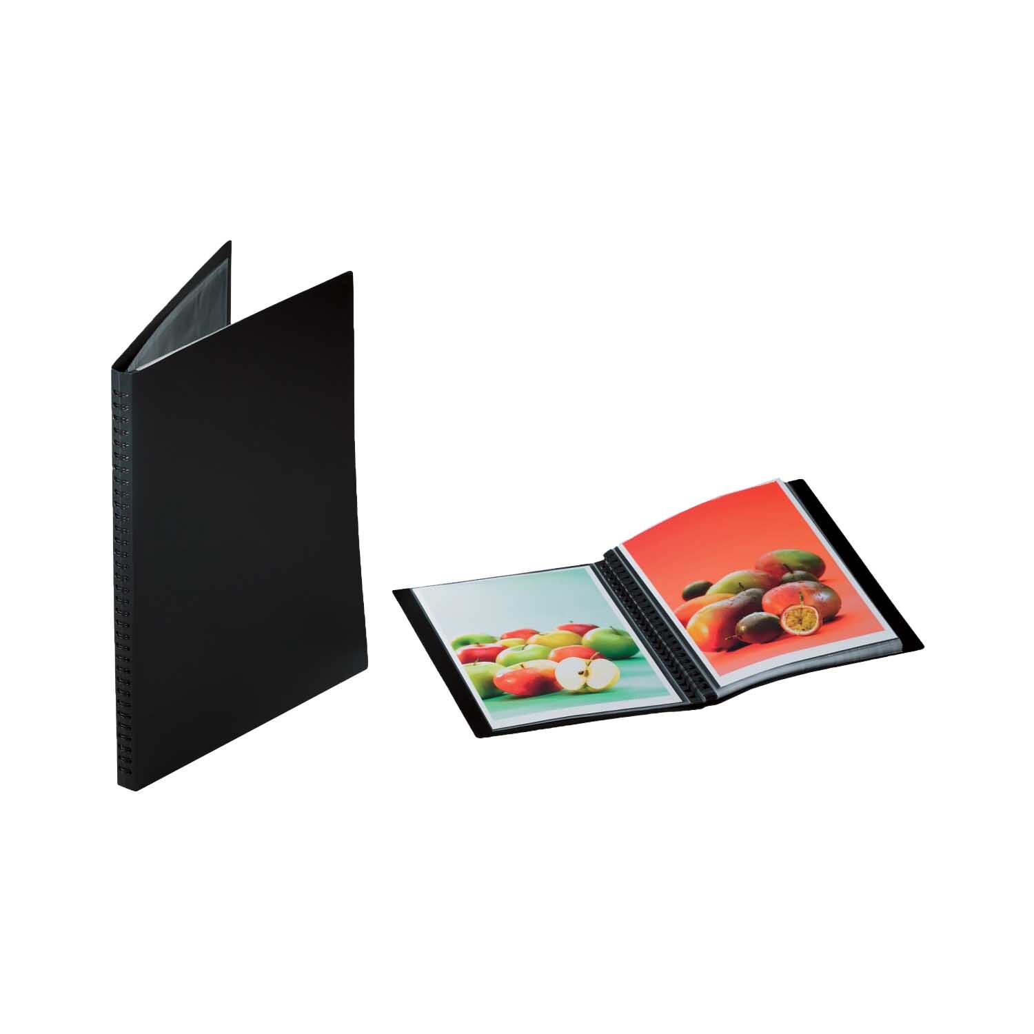 Präsentationsbuch A4 mit 20 Seiten, zeigt geöffnet bunte Bilder, ideal für professionelle Präsentationen.