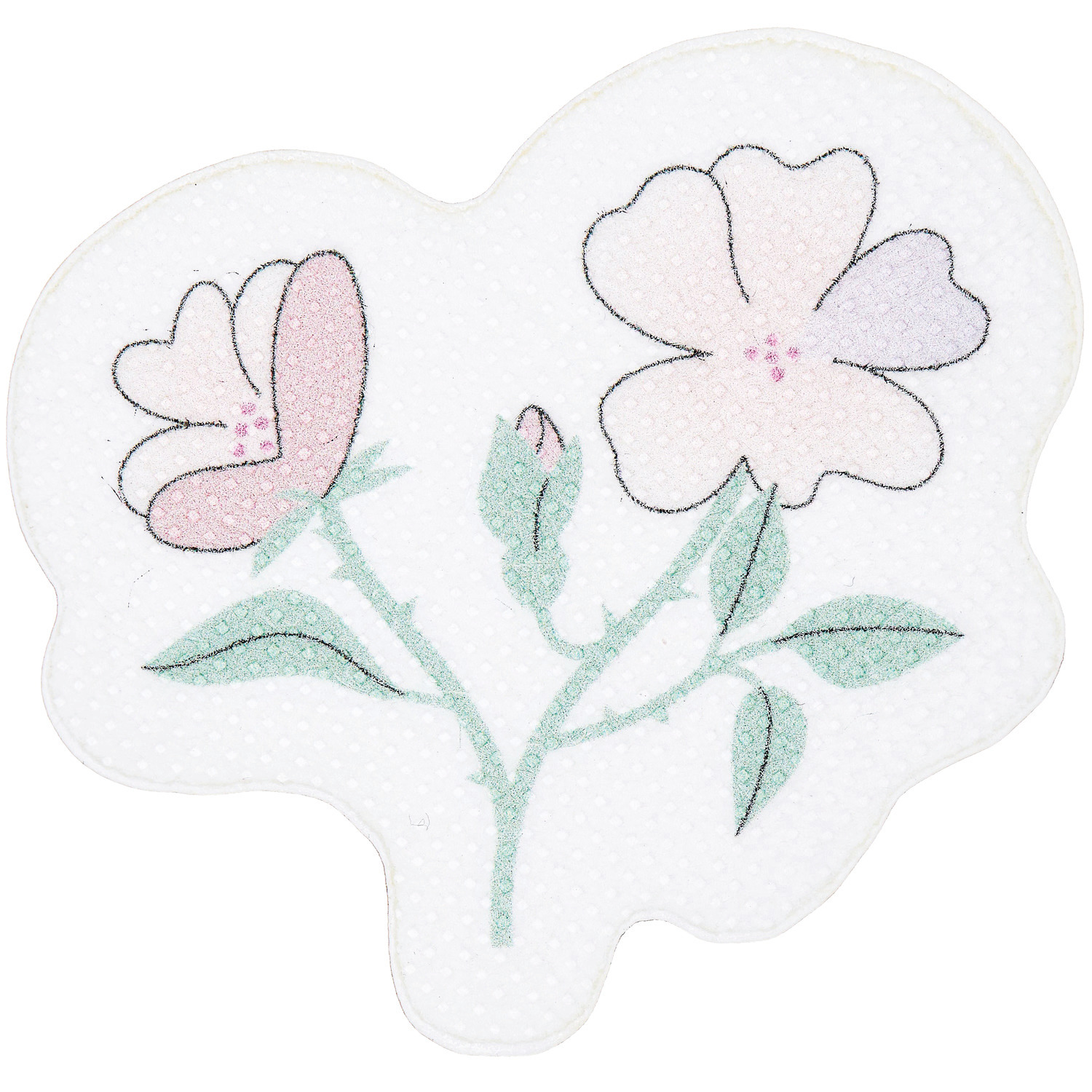 Stick and Stitch Rosen: Zwei zarte Blumen in Pastellfarben auf weißem Hintergrund, ideal zum Verzieren.