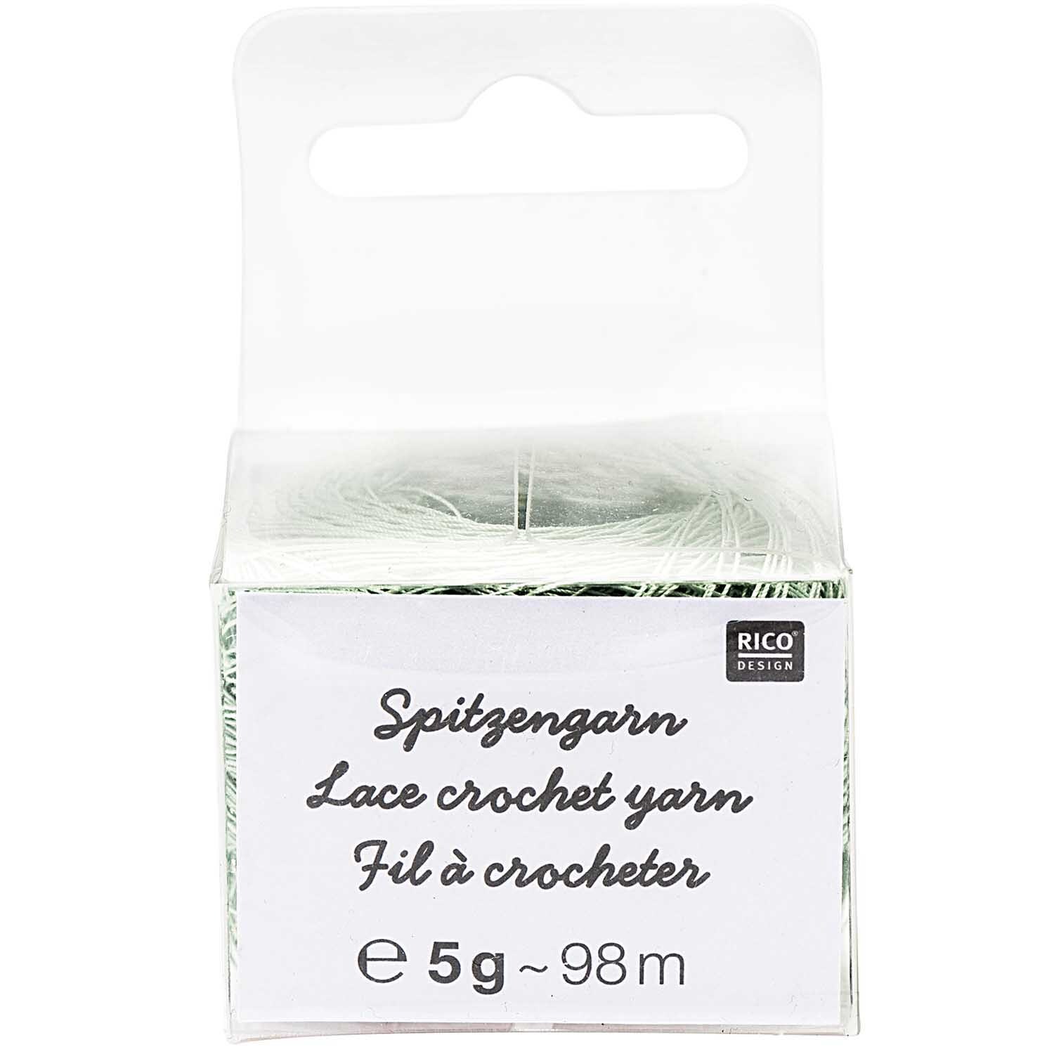 Spitzengarn in einer transparenten Verpackung von Rico Design, 5g mit 98m Länge, hellgrün.