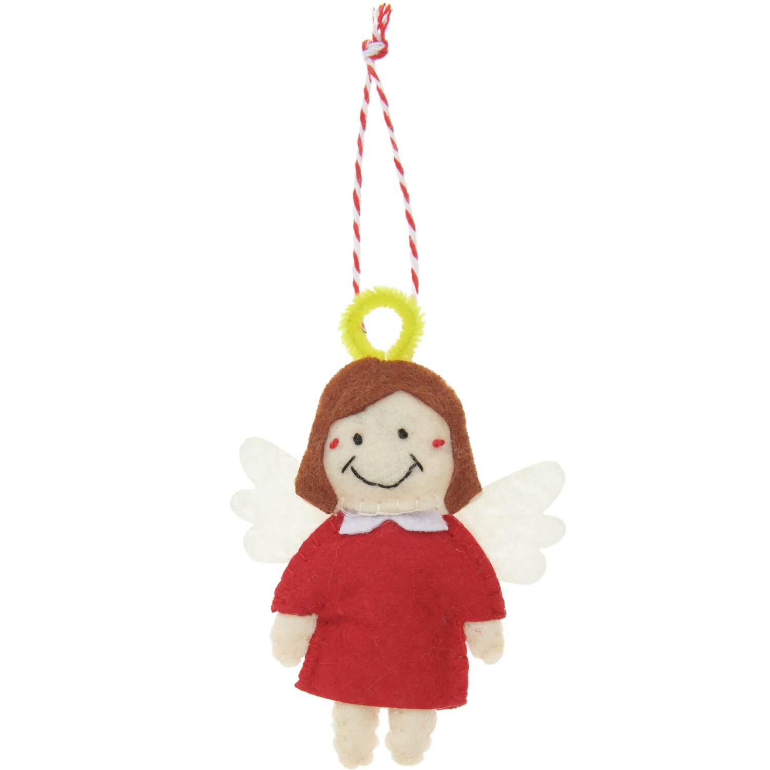 Filzstern mit Stickerei Rot: Niedlicher Engel aus Filz mit rotem Kleid und gelbem Heiligenschein, ideal als Weihnachtsdekoration.