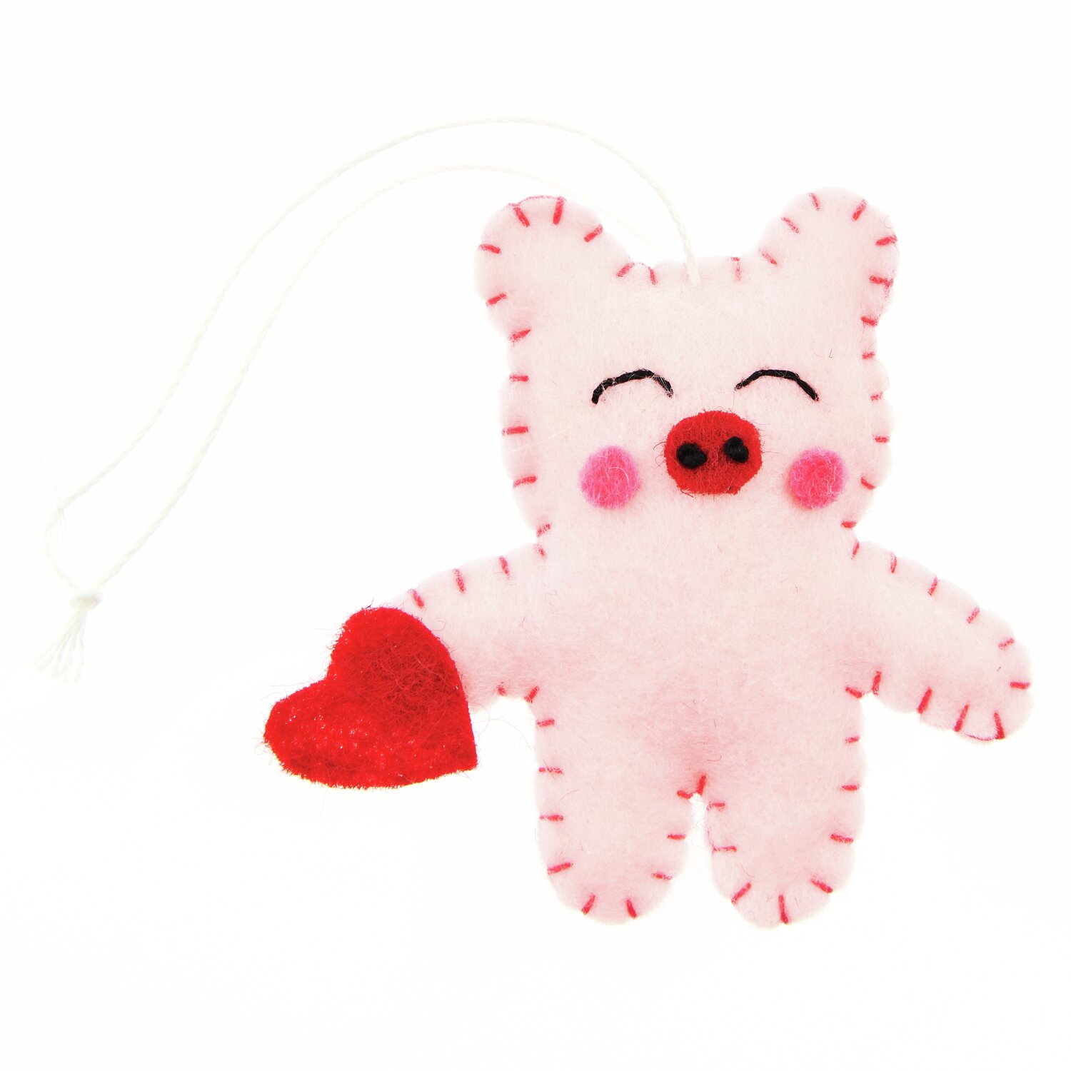 Aufhänger Filz-Schwein 2D Rosa: Niedliches Filz-Schwein mit Herz, handgenäht, ideal als Dekoration.
