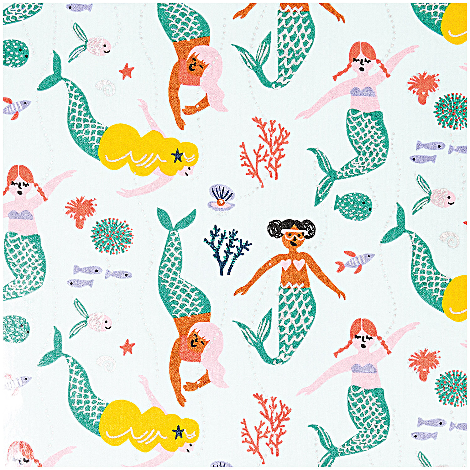 Druckstoff mit Meerjungfrauen-Muster in Mint und Neon, verziert mit Korallen und Fischen.