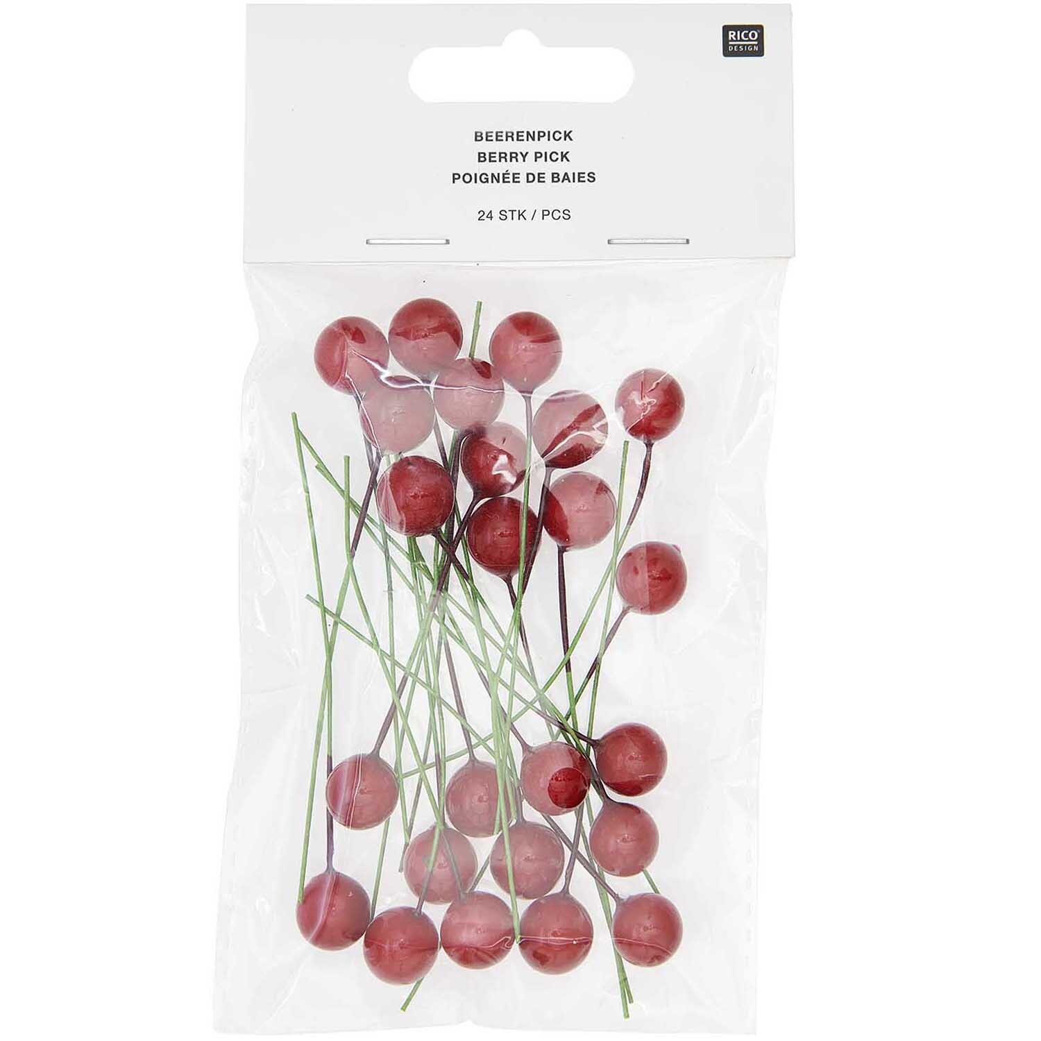 Beerenpick lackiert 8,5x8,5cm 24 Stück von Rico Design in Rot, verpackt in einer transparenten Tüte.